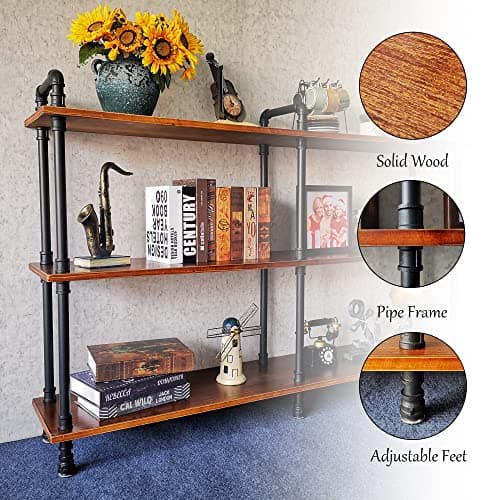 Rustic Brown 3-Tier Industrial Pipe Bookshelf, 60" L x 39" H for Living Room, Entry, Office