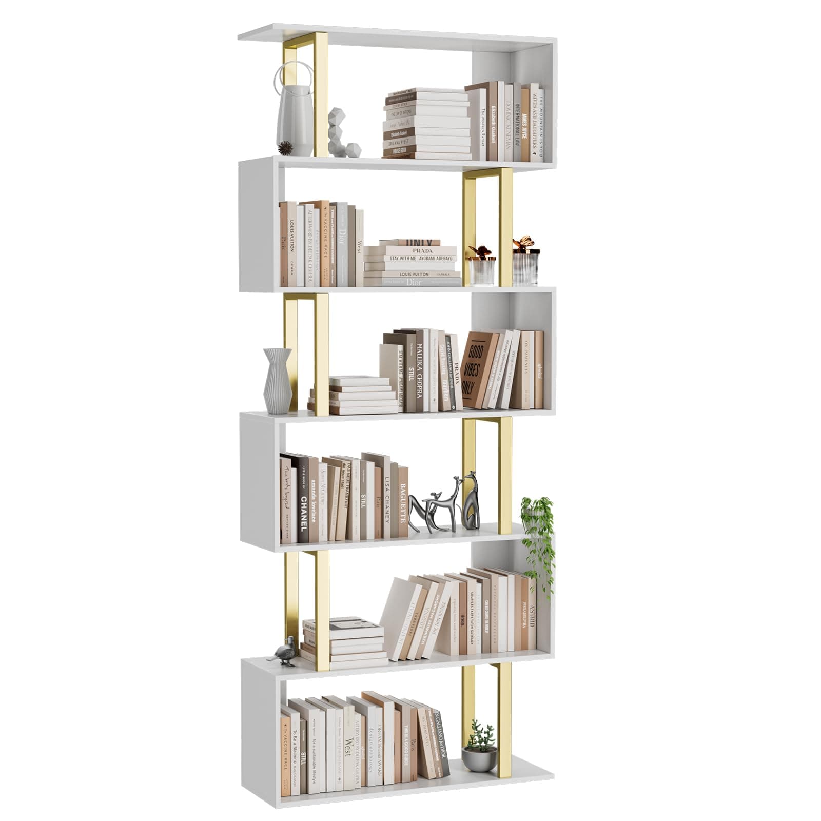 Gadroad 6-Tier Geometric Wood Bookcase, Tall Freestanding Shelf for Living Room or Bedroom
