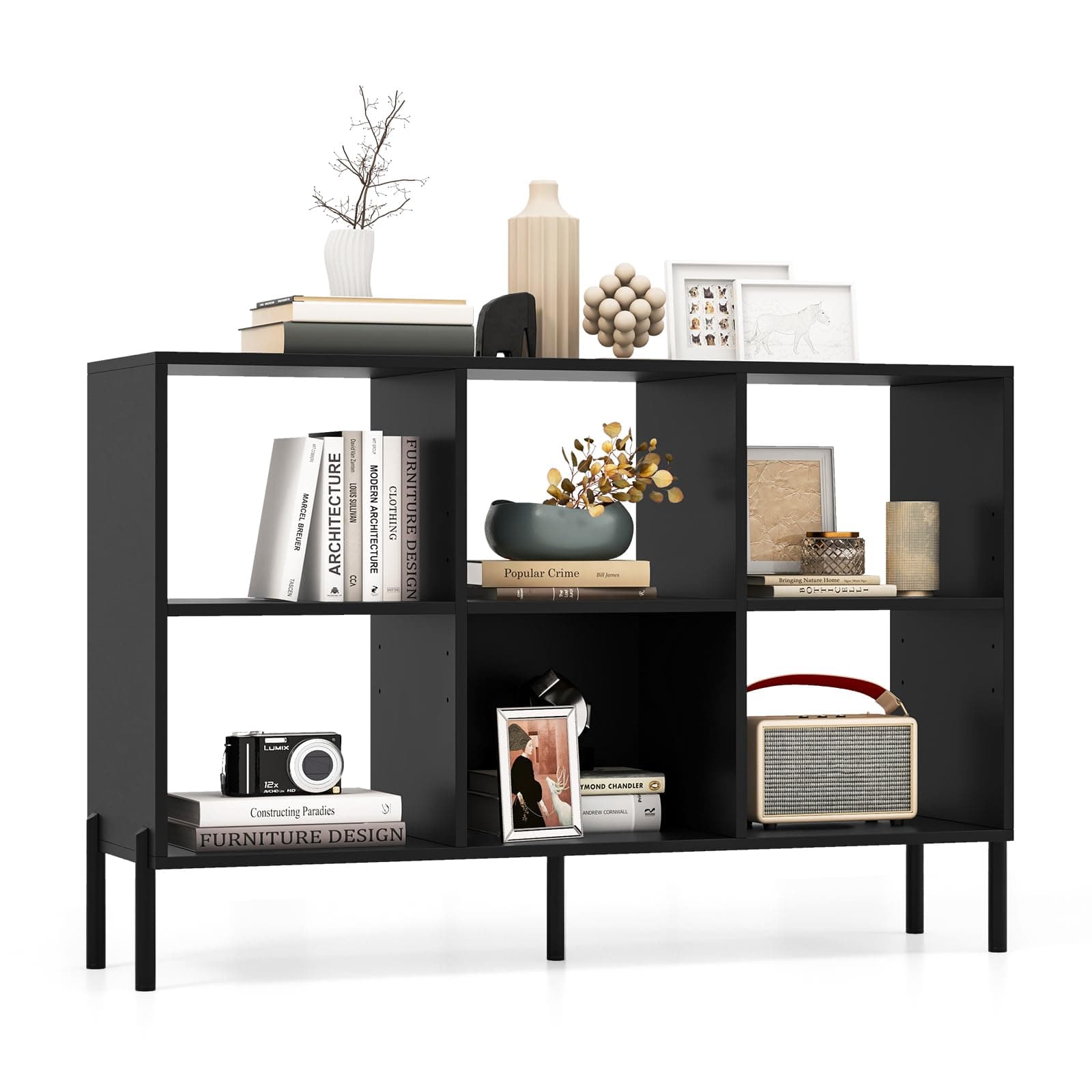 Giantex 6 Cube Bookcase, 3-Tier Wood Shelf, 47" Long, Anti-Toppling, 31.5" Tall