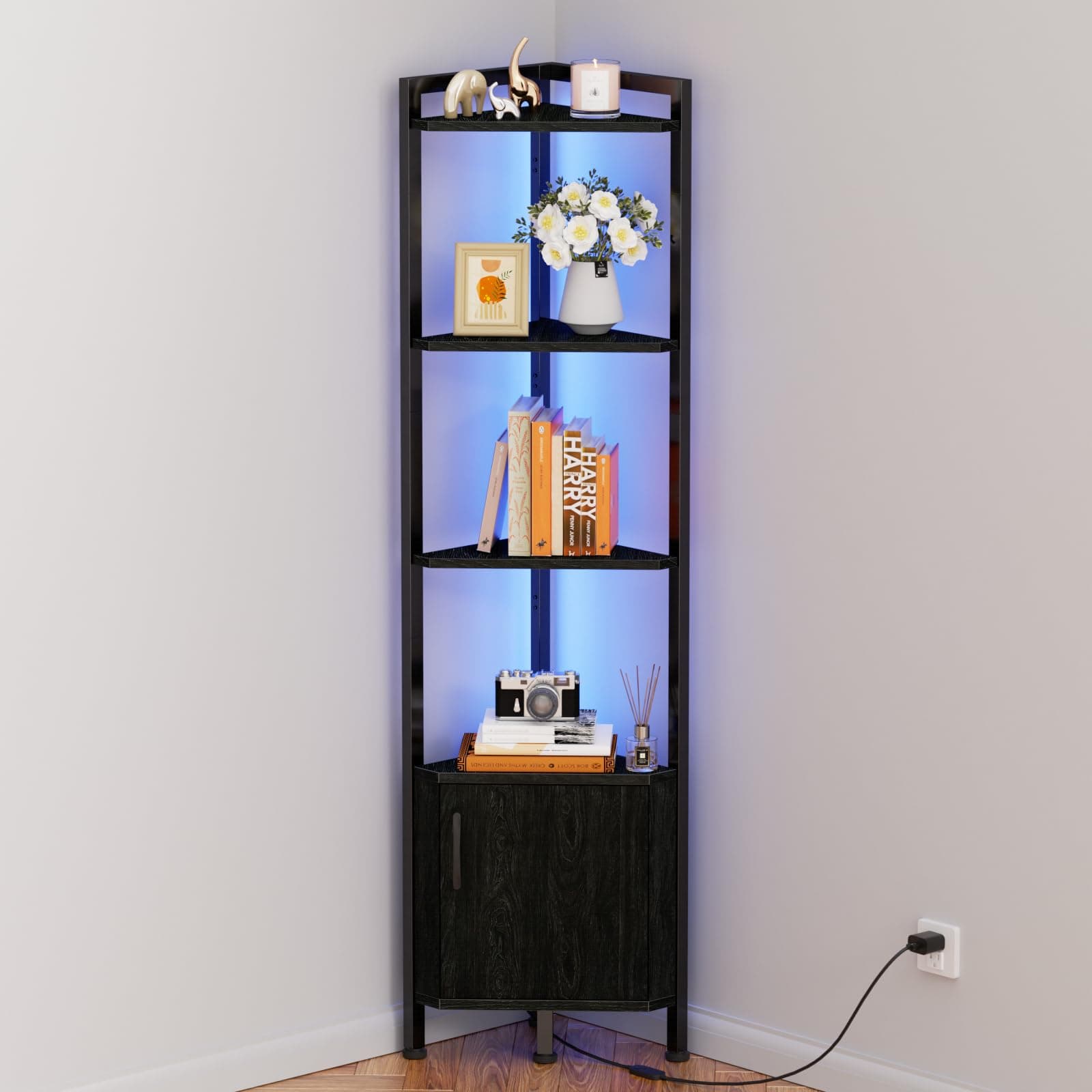 Furnulem Black Oak 5-Tier Corner Cabinet with LED Light and Storage (62.8")