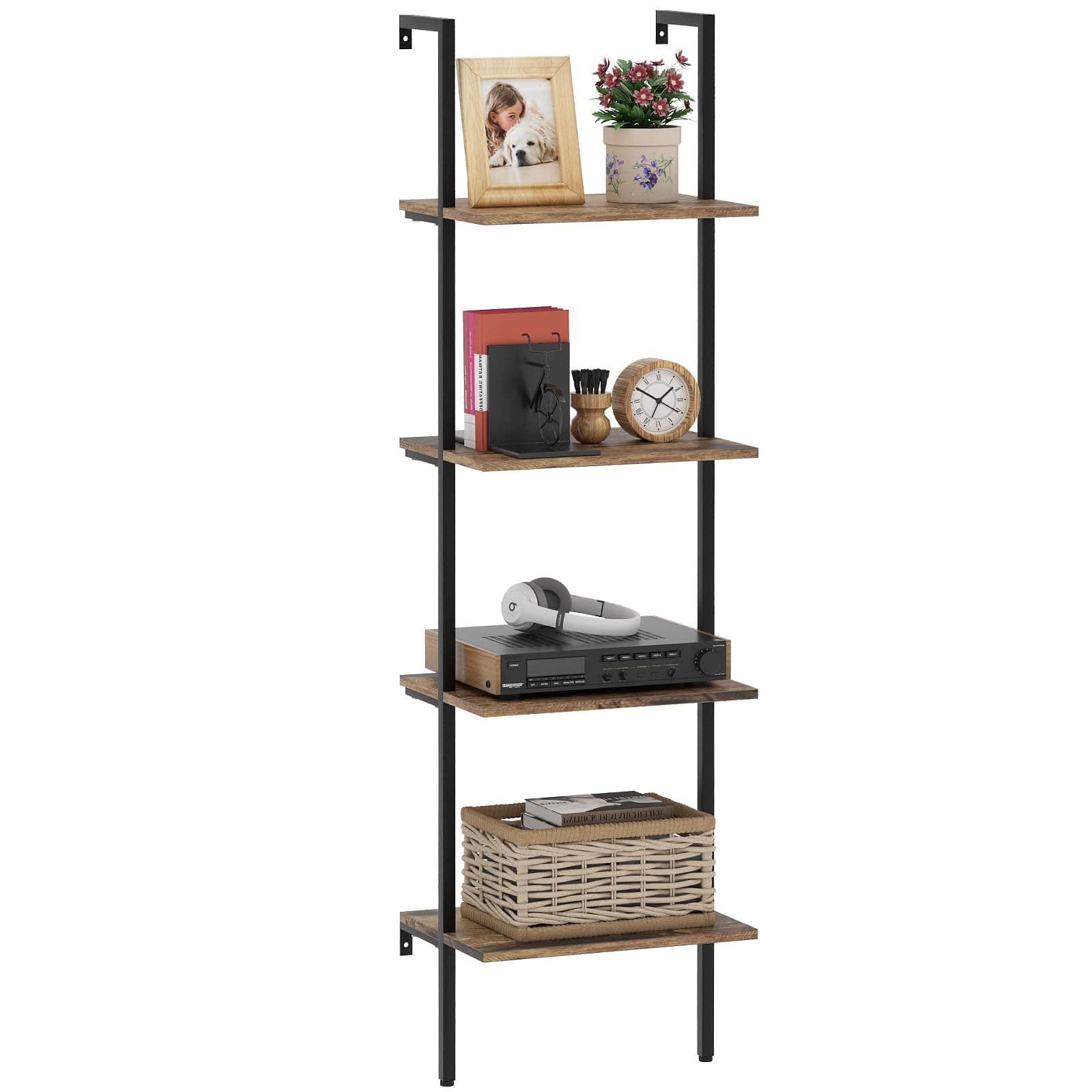 Industrial Brown 4-Tier Metal Bookshelf with Wall Mount Storage Rack