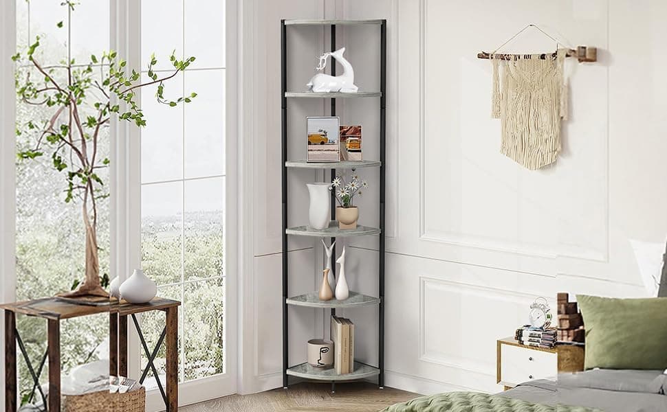 Industrial 6 Tier Corner Shelf: 63.1 Tall Rustic Bookcase for Living Room or Bedroom