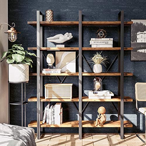 IRONCK Double Wide 5 Tier Wood & Metal Bookshelf, Large Open Shelves, Home Office Furniture, Easy Assembly