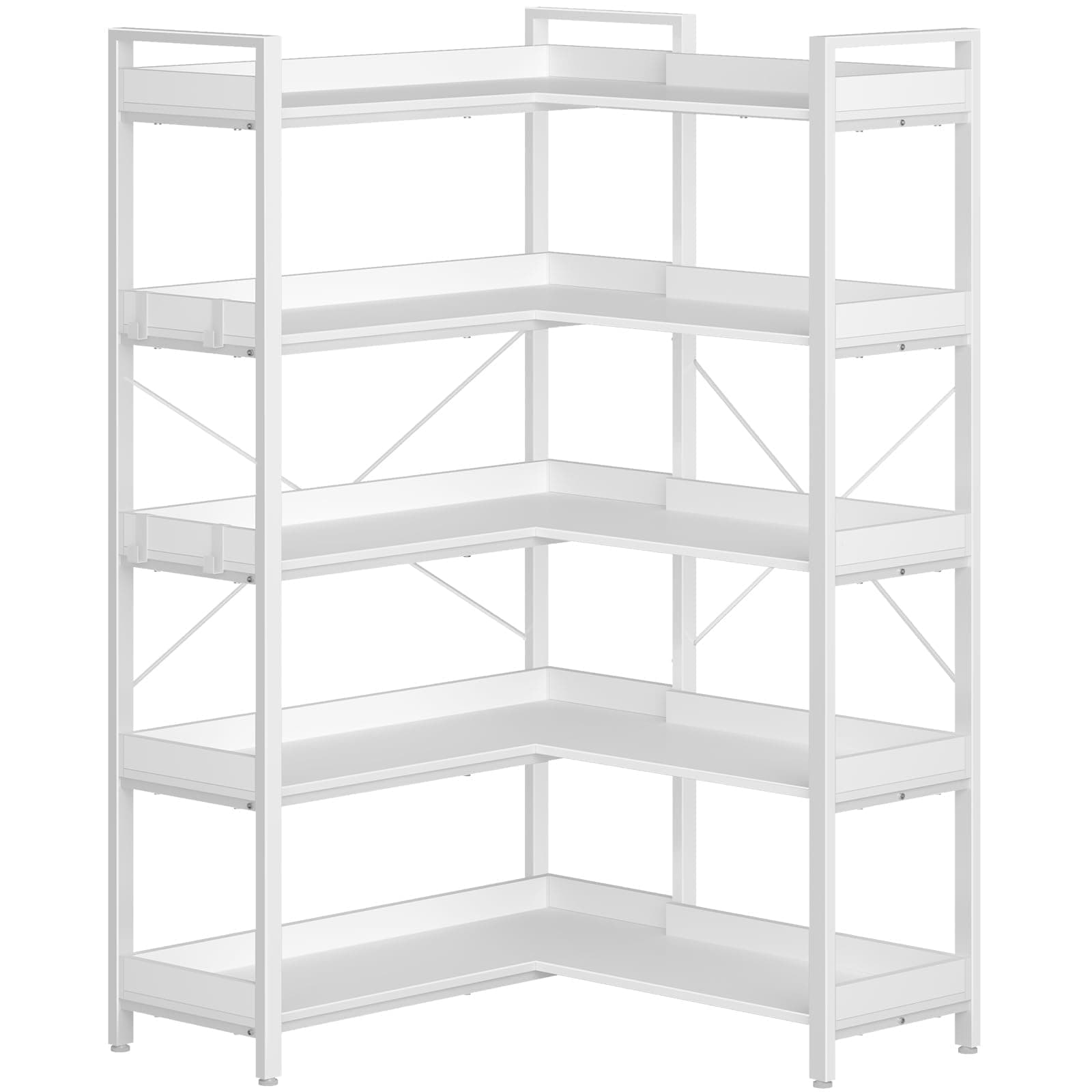 Rolanstar 5-Tier Industrial Wooden Bookshelf with Hooks, White