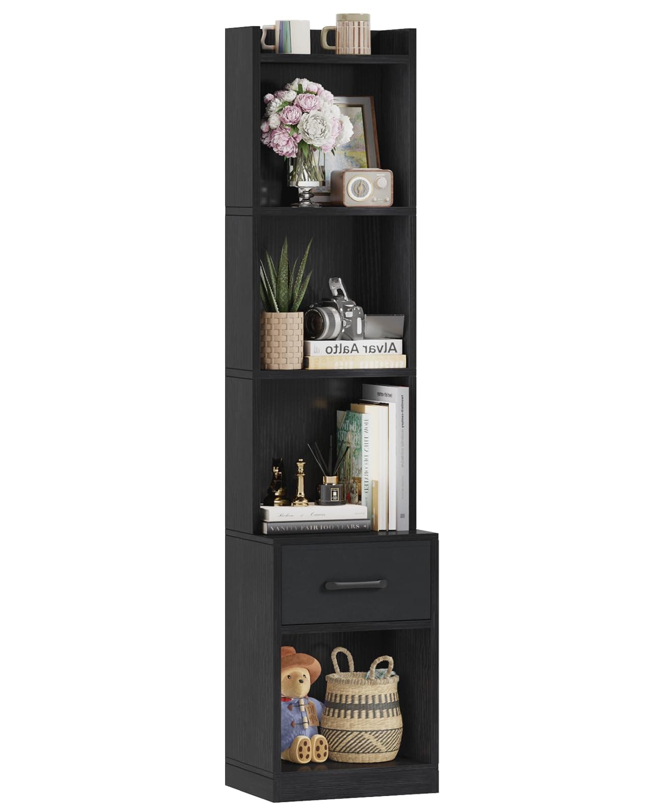 Furologee Black 6 Tier Industrial Wood Bookshelf with Drawer