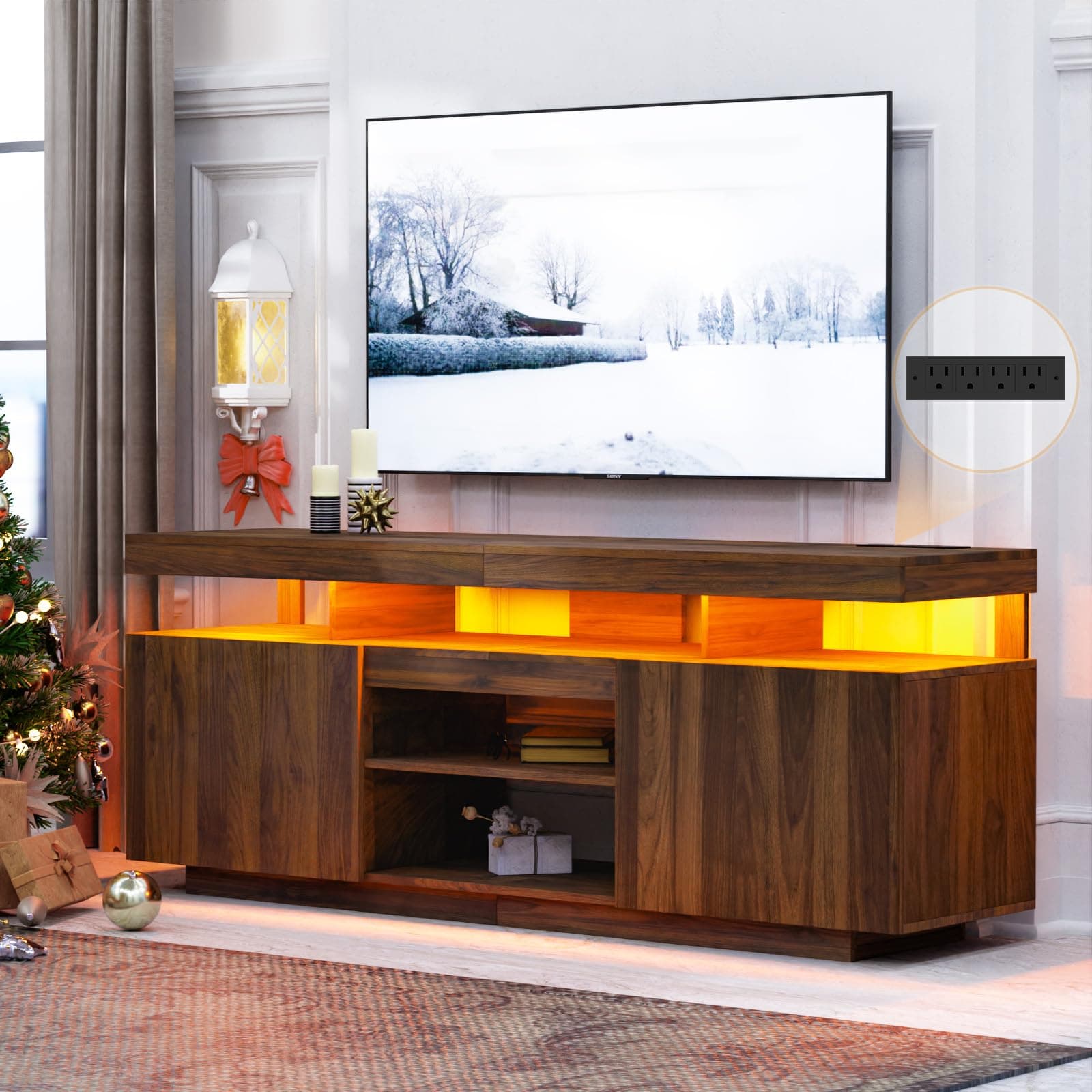 HOMMPA Walnut TV Stand with Power Outlets for 70/65/60/55-inch TVs Gaming Center with Storage