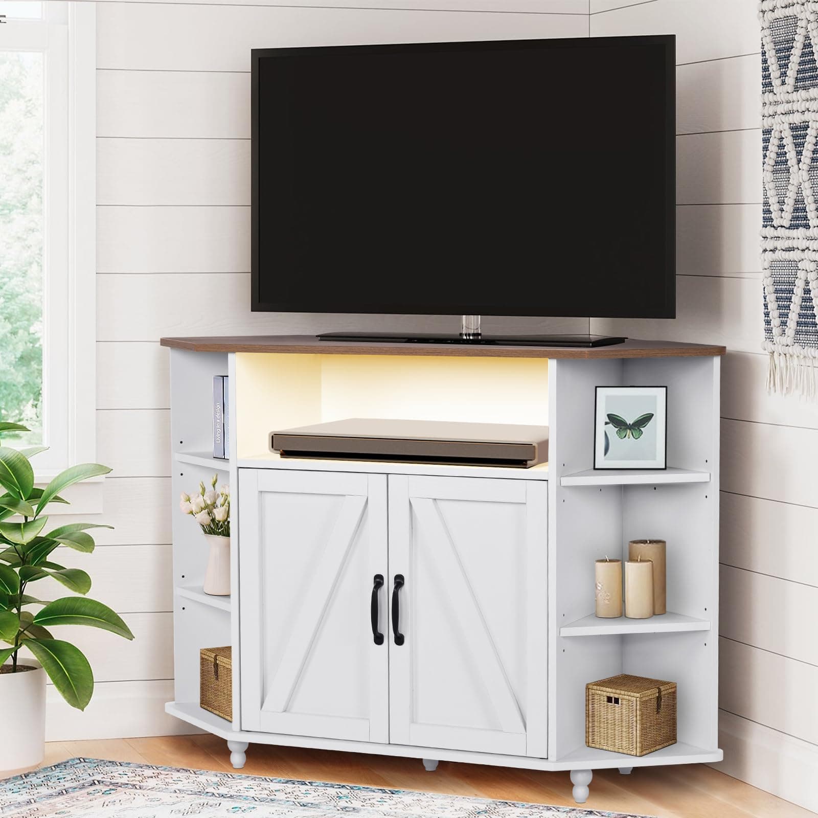 55 Inch Farmhouse Corner TV Stand with LED Lights and Barn Doors