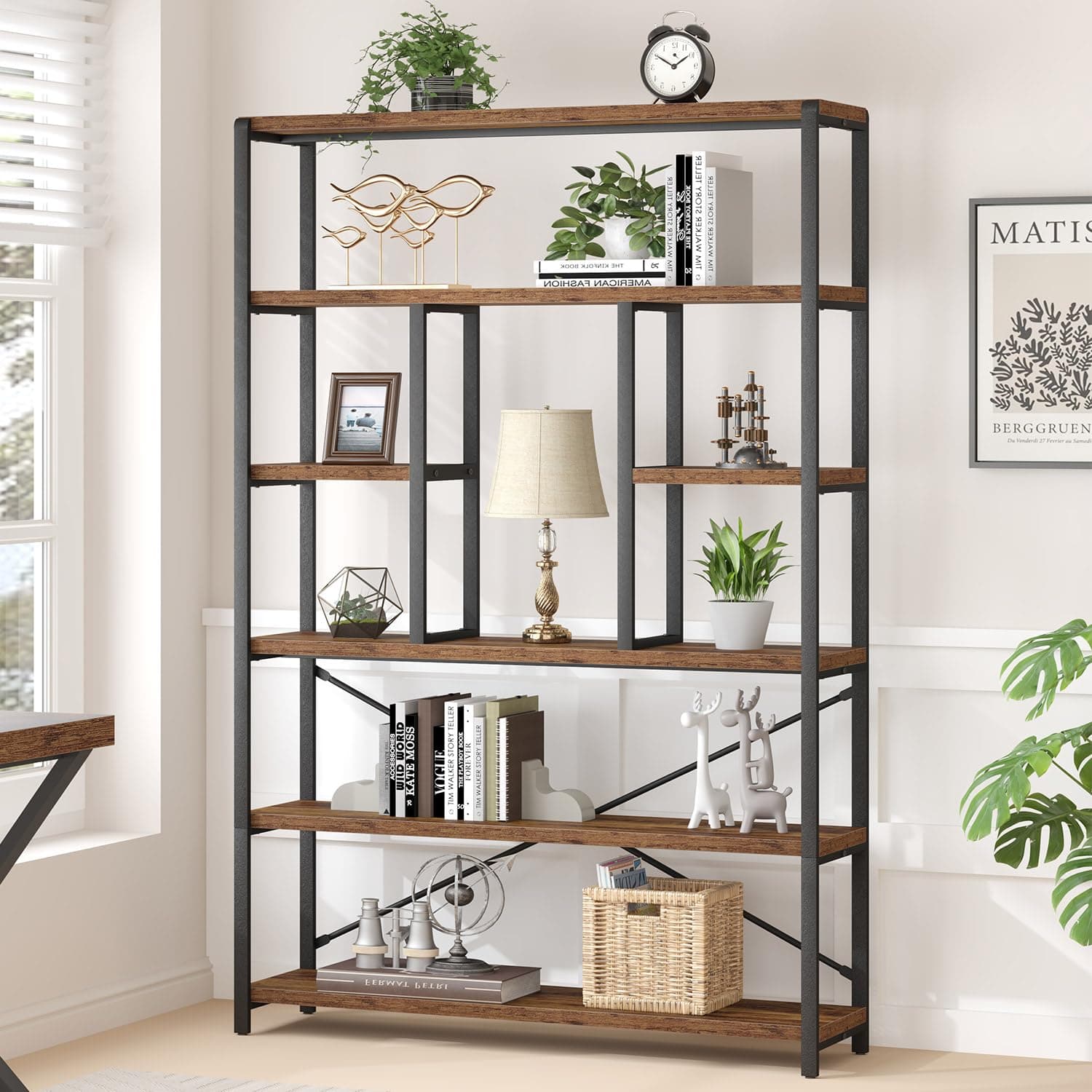 Vintage Brown Metal Wood 6 Tier Bookshelf for Living Room and Bedroom