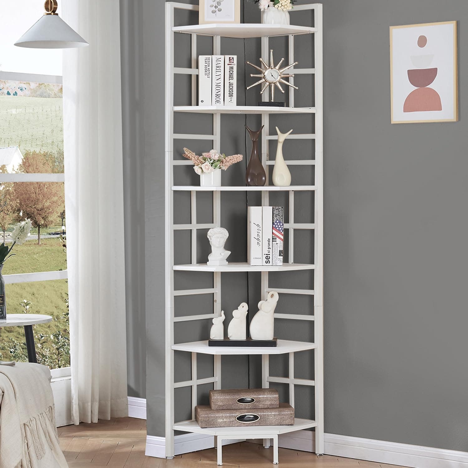 HOMISSUE Industrial Corner Bookshelf, 6 Tier White Storage