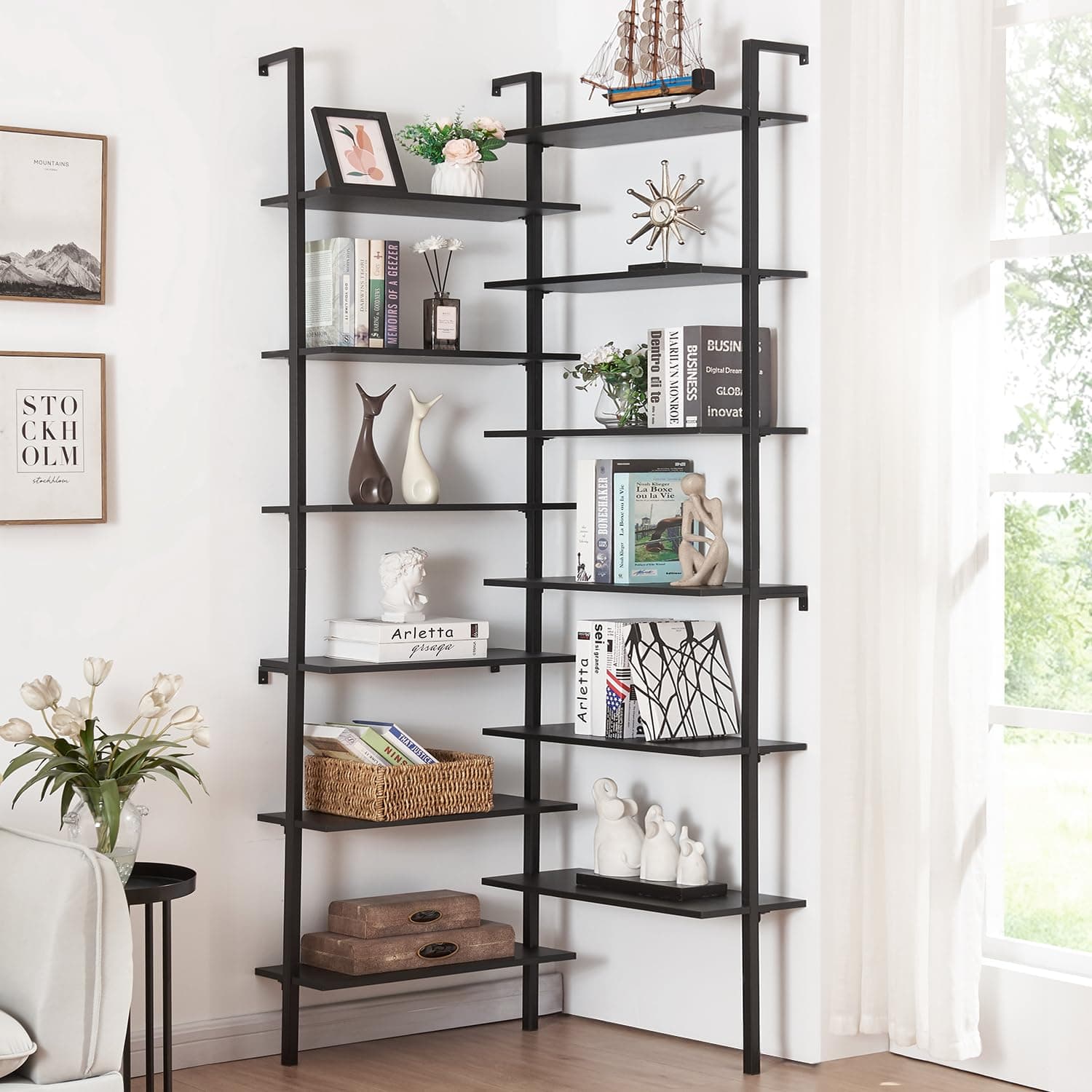Modern Industrial 12-Tier L-Shaped Corner Bookshelf for Home Office, Black