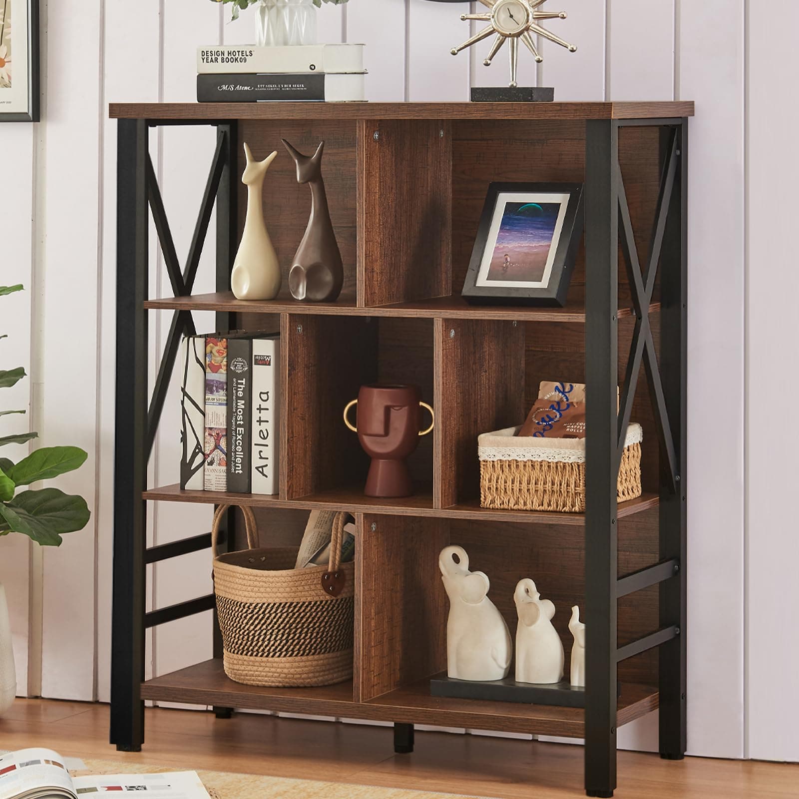 Rustic Cube Bookshelf with Storage for Home and Kids Rooms