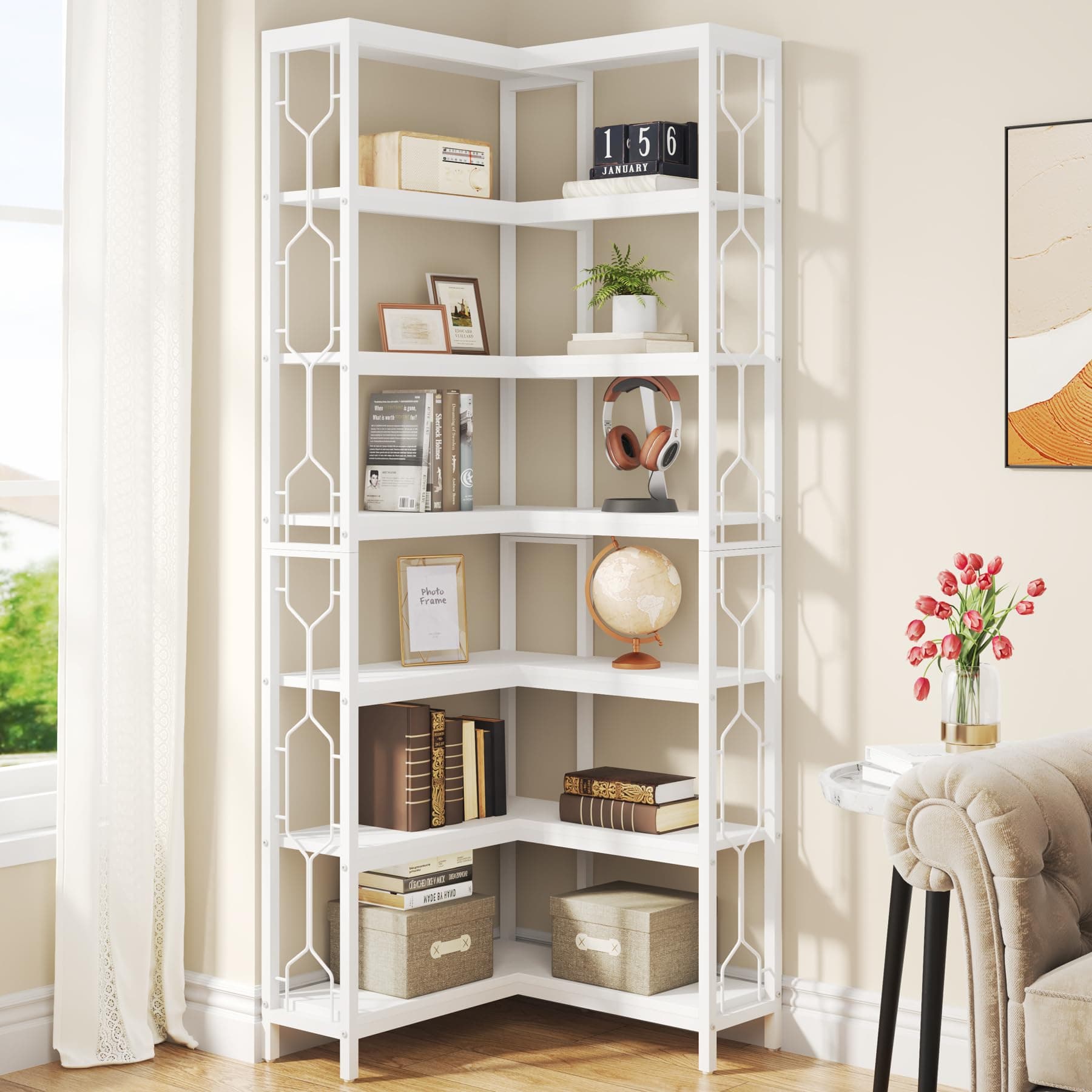 Tribesigns 7-Tier Industrial White Wood & Metal Corner Bookshelf