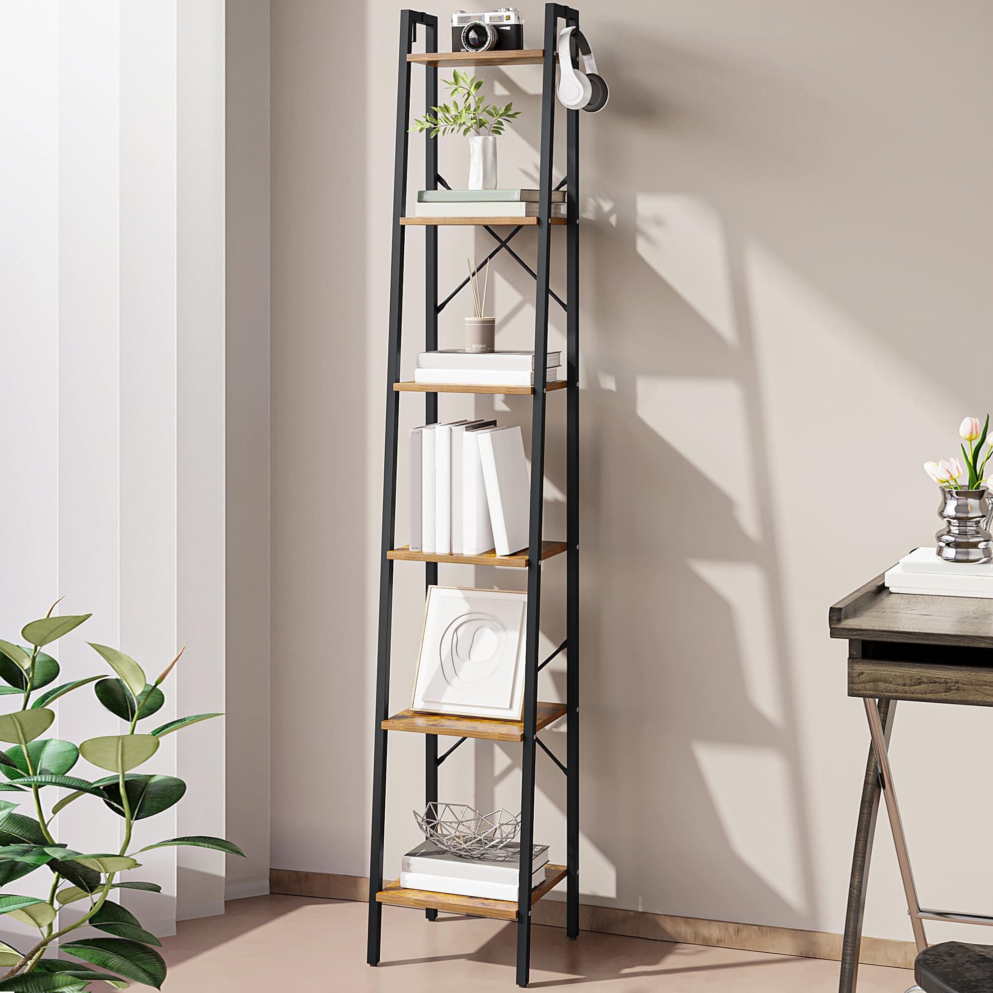 Rustic Brown 6-Tier Ladder Shelf, Bookcase for Home Office & Living Room BC13301B