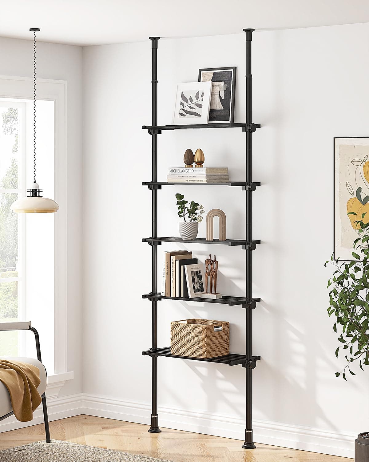 ALLZONE 64-113Inch Adjustable Narrow Bookshelf, Black