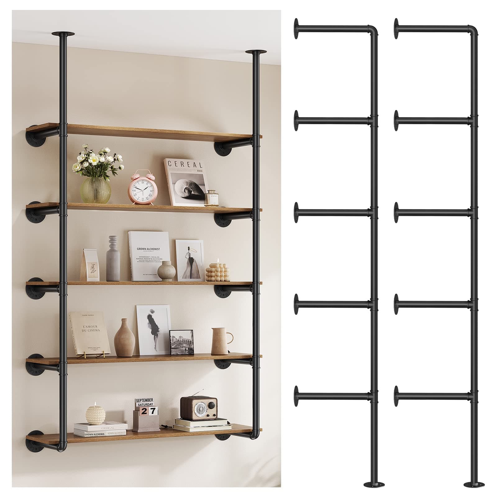 Pynsseu Industrial Iron Pipe Shelf, 2Pack 5-Tier Kitchen & Bathroom Storage