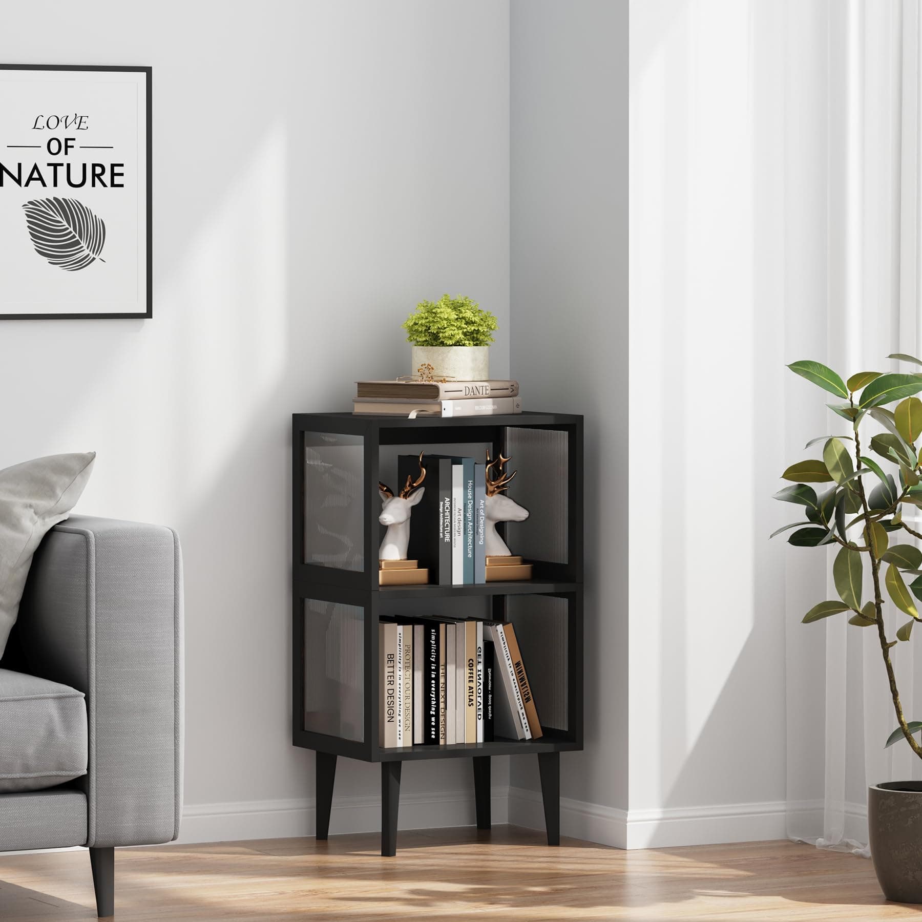TUTOTAK 3-Tier Black Bookshelf, Storage Organizer for Home Office and Living Room