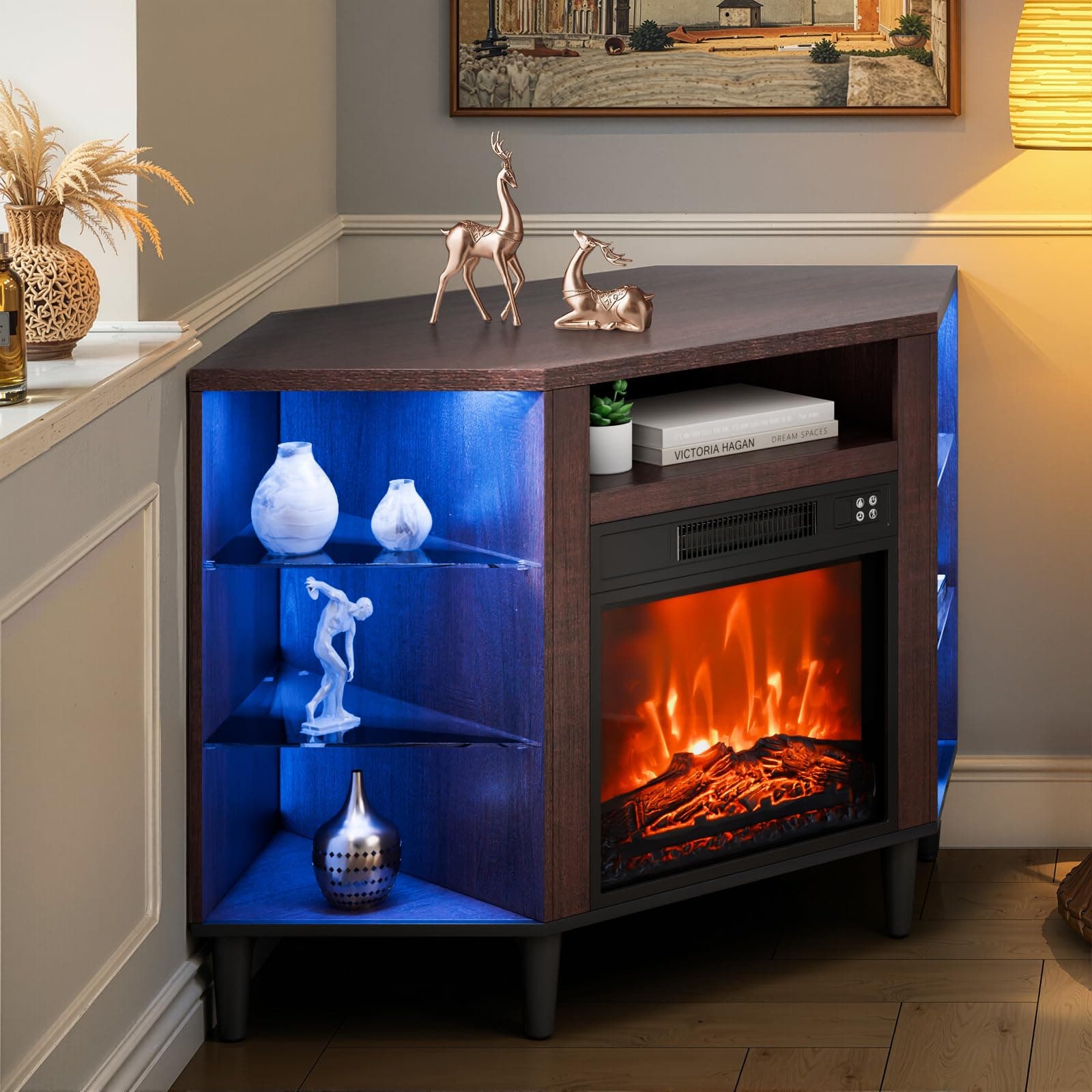 VEVOR Electric Fireplace TV Stand, Corner TV Stand for 50" TVs, Vintage Design, 20 LED Lights, Remote & Timer