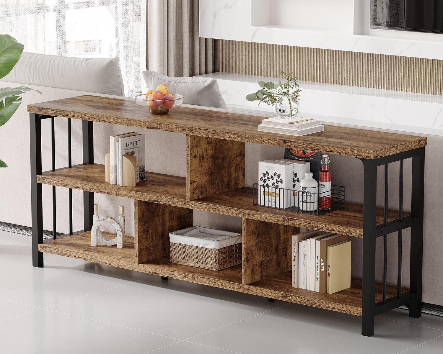 IBF Farmhouse 63" Long Wood Metal Bookshelf with 5 Cube Storage for Home Office and Living Room, Rustic Brown
