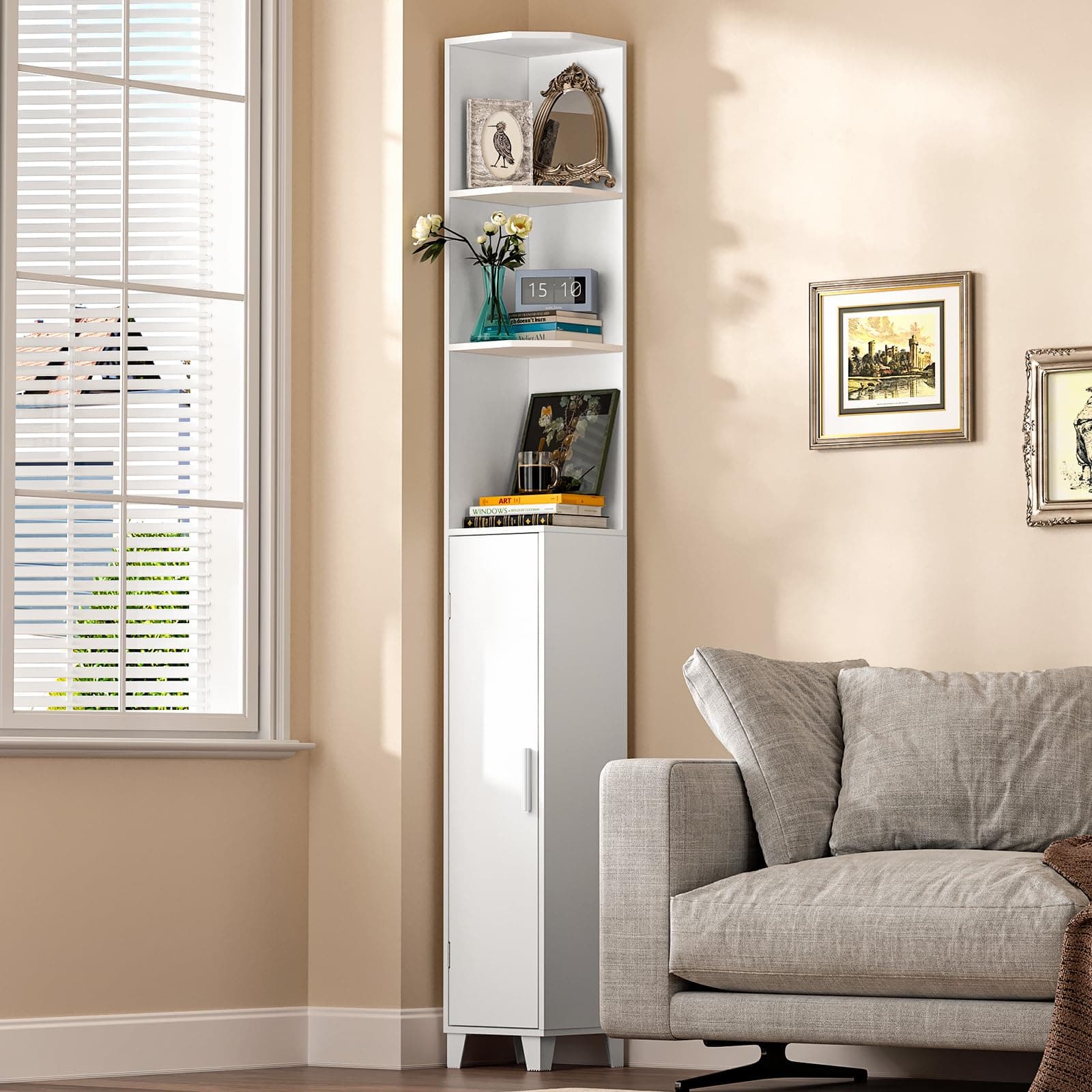 MOHOPE 74.8" Tall Corner Cabinet with Door, 5-Tier White Display Shelf