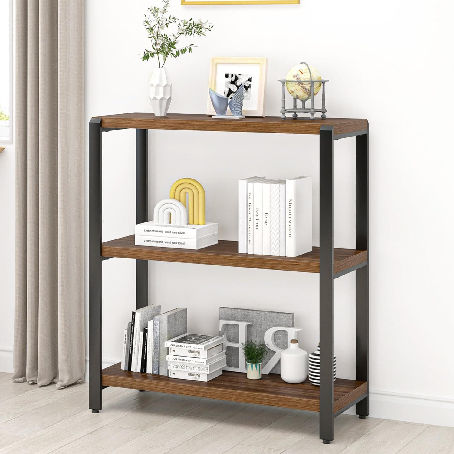 FOLUBAN 3-Tier Industrial Metal & Wood Bookshelf, Rustic Walnut, for Living Room and Bedroom