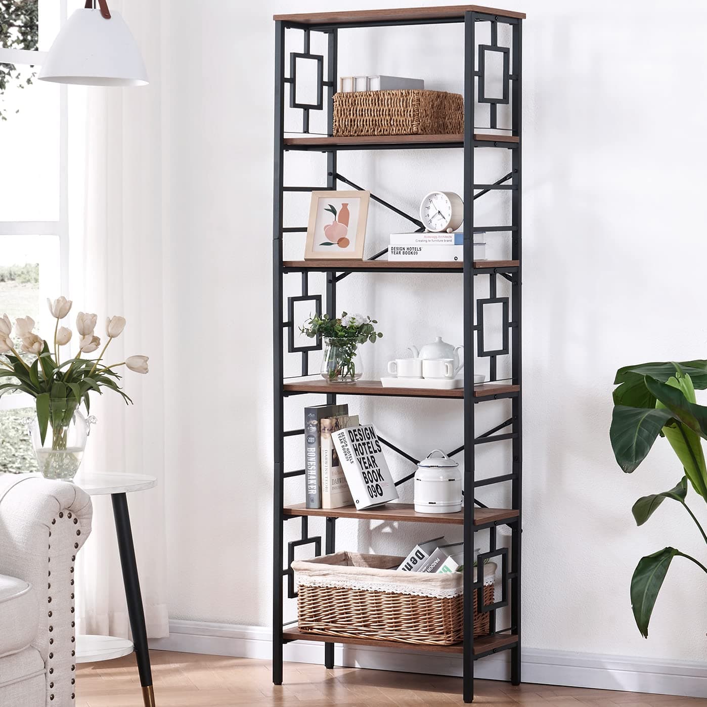 HOMISSUE 6-Tier Rustic Brown Metal Bookshelf for Home Office
