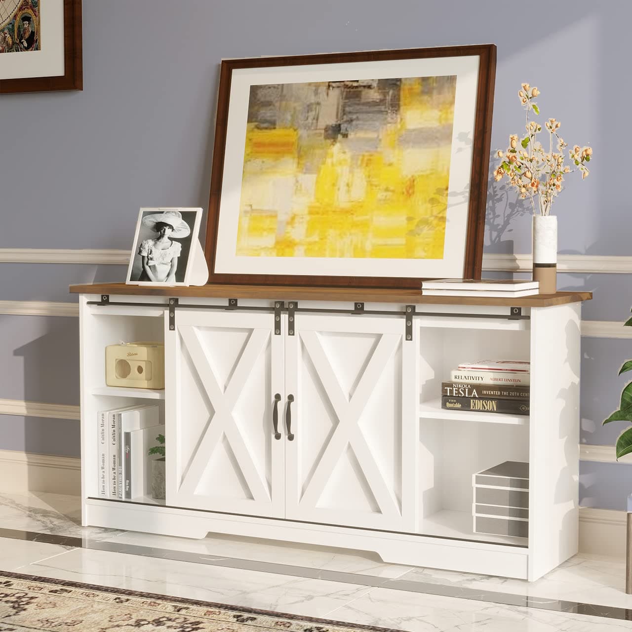 4 Ever Winner White TV Stand for 65" TV with Storage and Shelves
