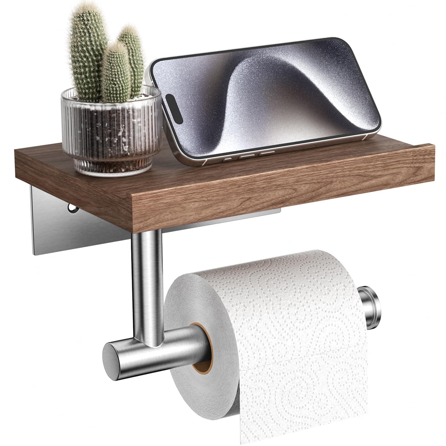 Wooden Wall Mounted Toilet Paper Holder with Shelf, Brushed Nickel Stainless Steel Bathroom Accessories