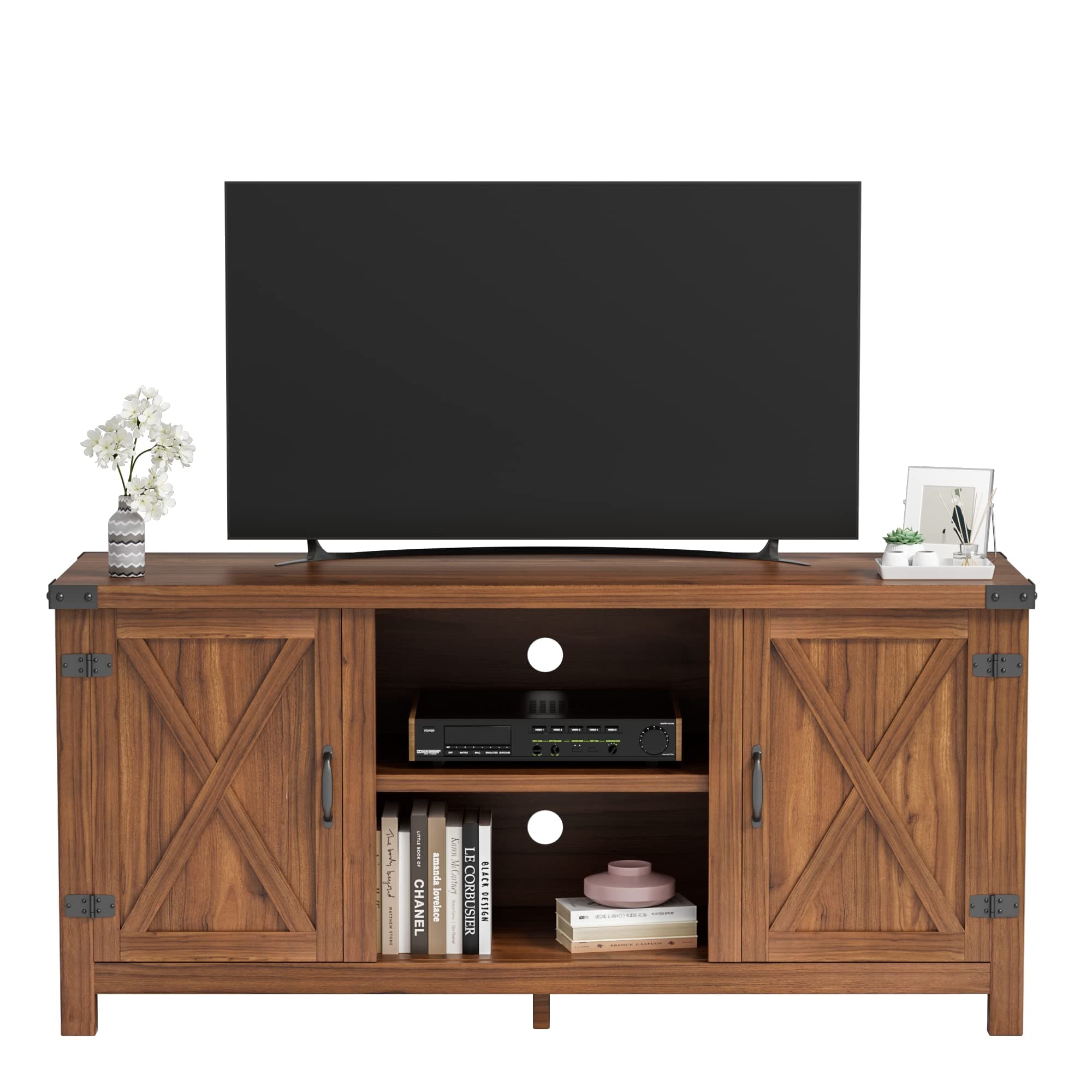 65 Inch Farmhouse TV Stand with Barn Doors and Storage Cabinets (Walnut)