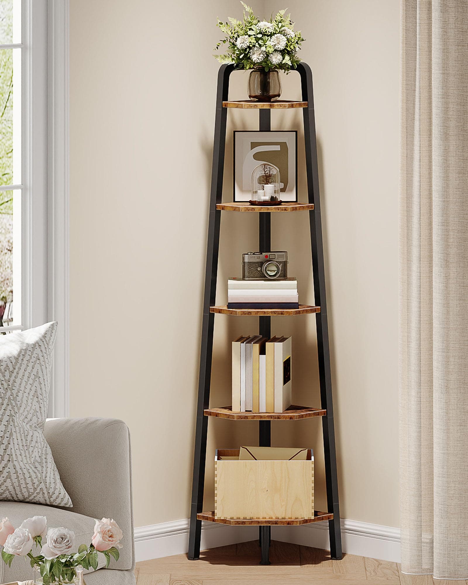 5-Tier Ladder Corner Shelf, 59.6" Tall, Rustic Brown and Black TCJ20BF