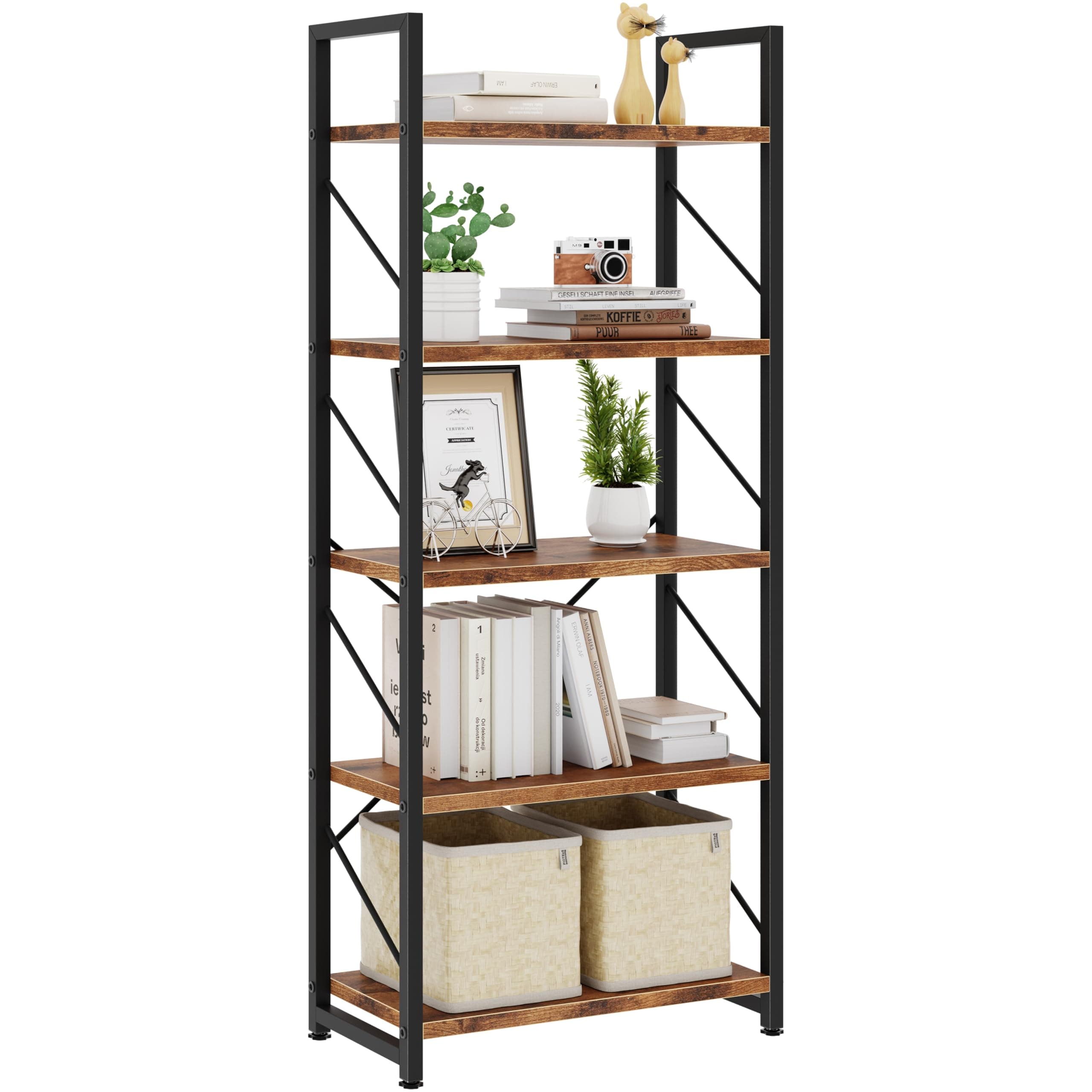 5-Tier Rustic Brown Home Office Bookshelf, Storage Organizer