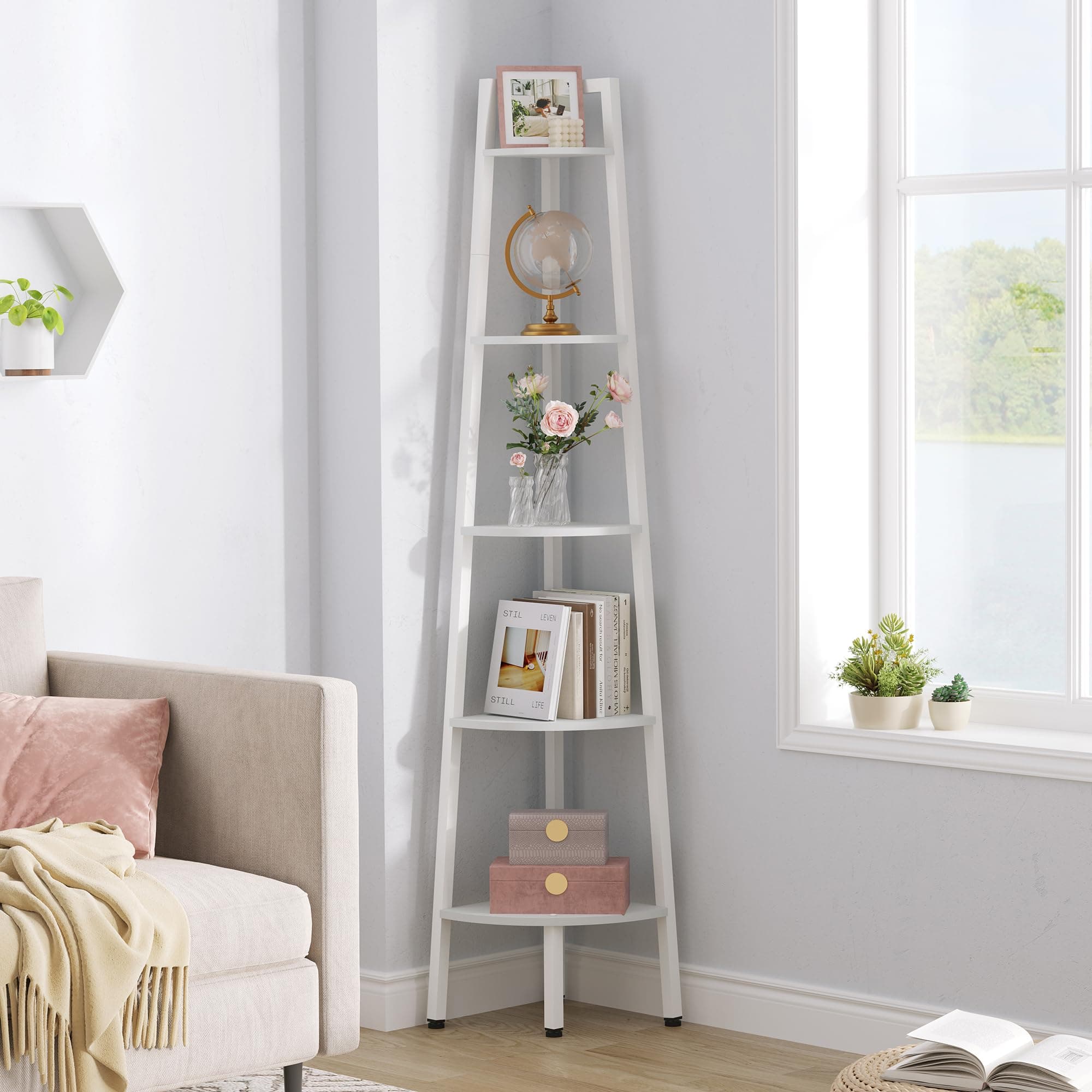 Hoctieon 5-Tier Rustic Metal Corner Shelf for Living Room, Kitchen & Home Office