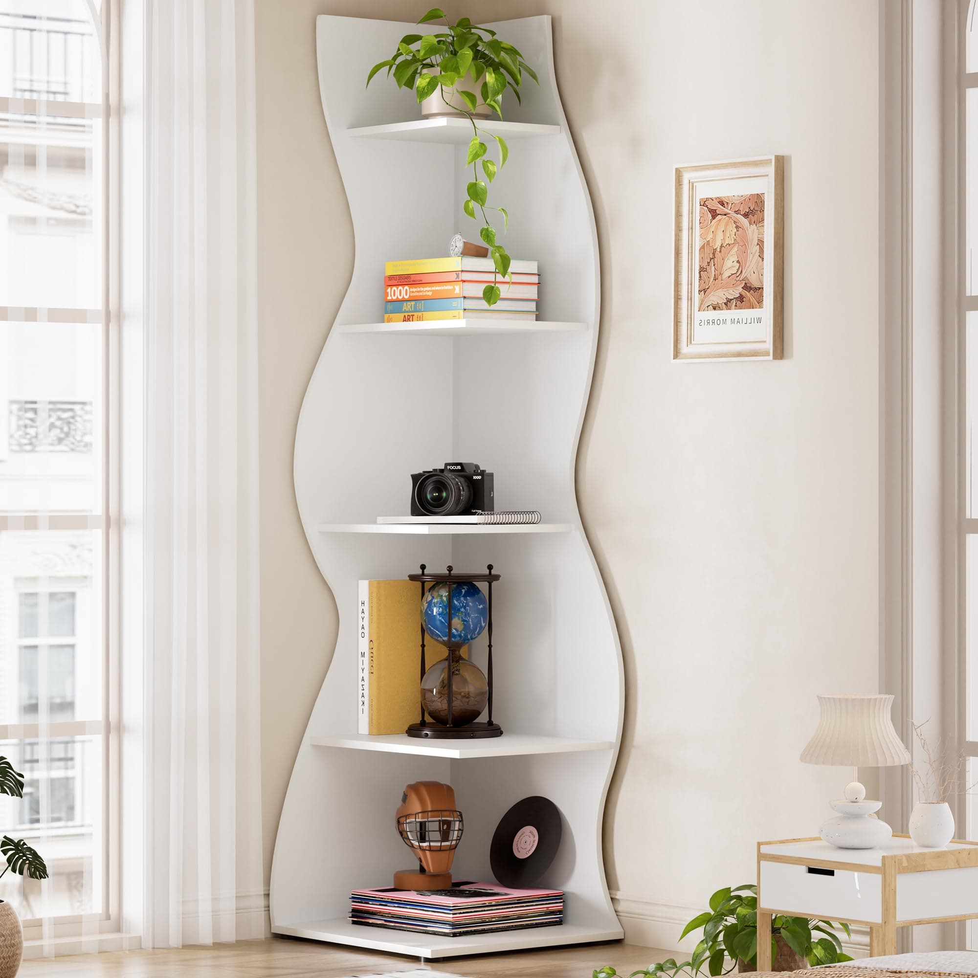 70 Inch 5 Tier White Corner Bookshelf Stand with Storage
