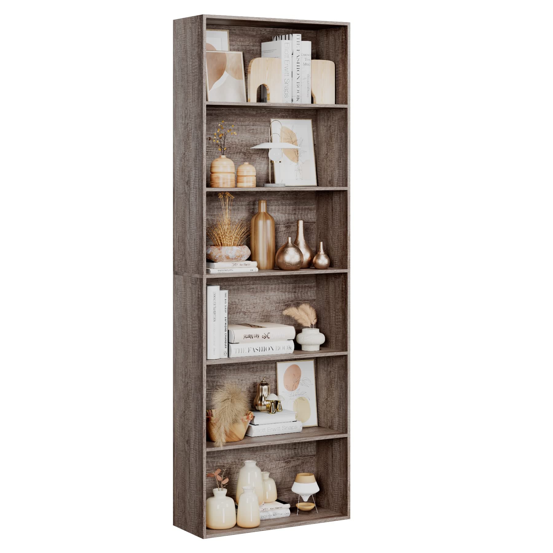 FOTOSOK 6-Tier Oak Open Bookcase for Bedroom, Living Room & Office