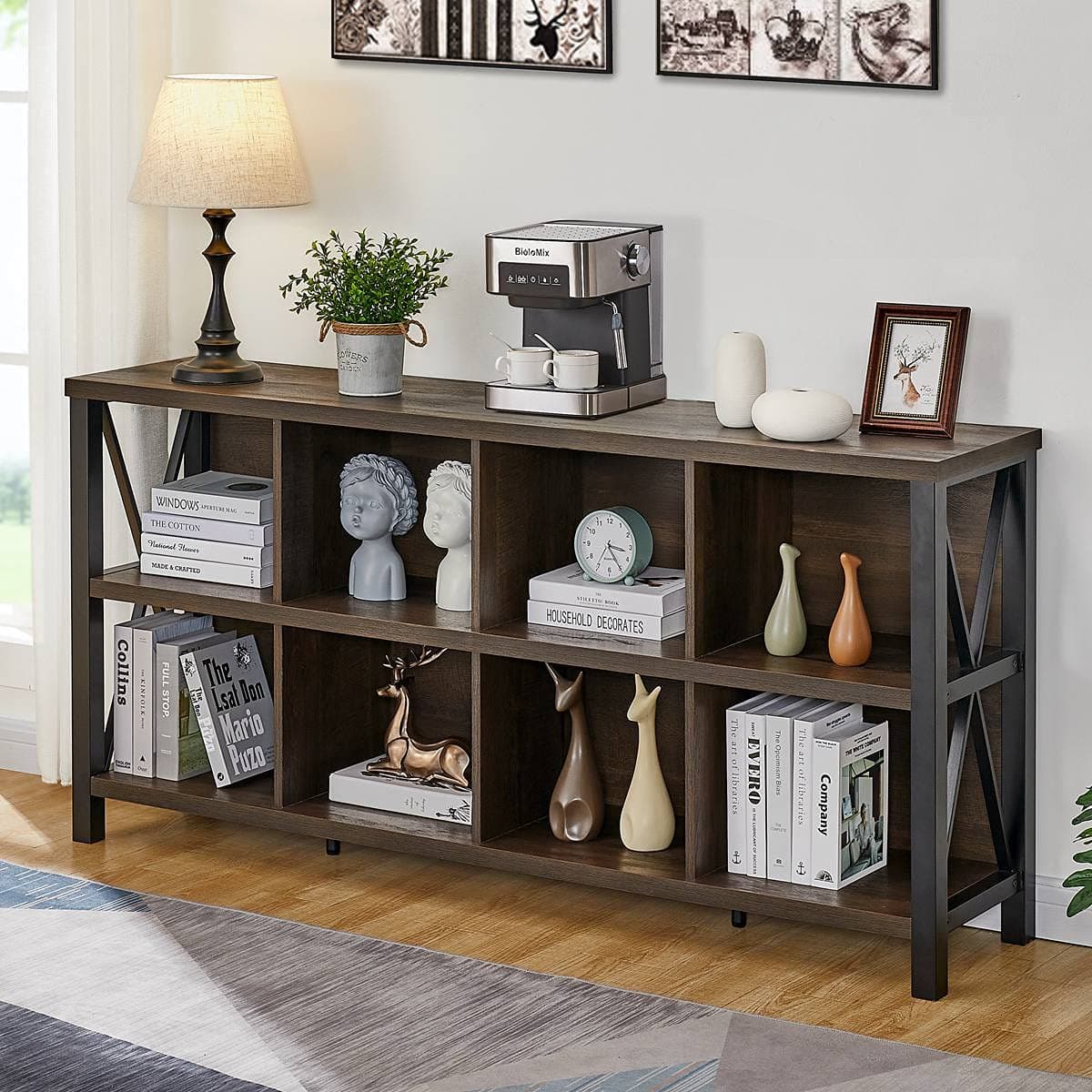 FATORRI 8-Cube Rustic Wood Bookshelf, Walnut Brown, 62 Inch Shelf