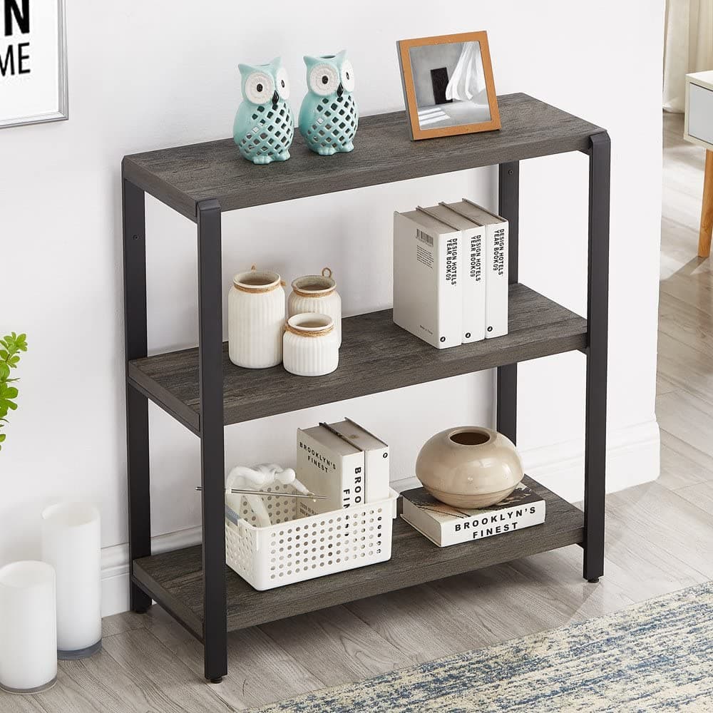Excefur Vintage 3-Tier Grey Wood and Metal Bookshelf