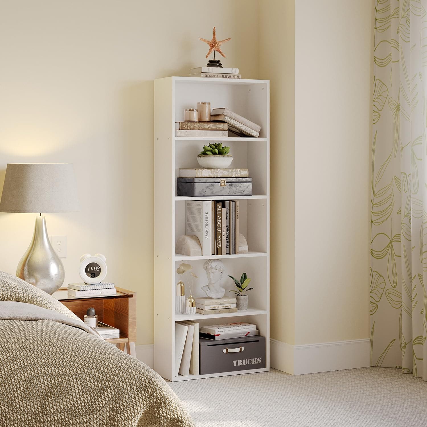 White 5-Tier MXV Bookshelf for Home Office, Living Room, Bedroom