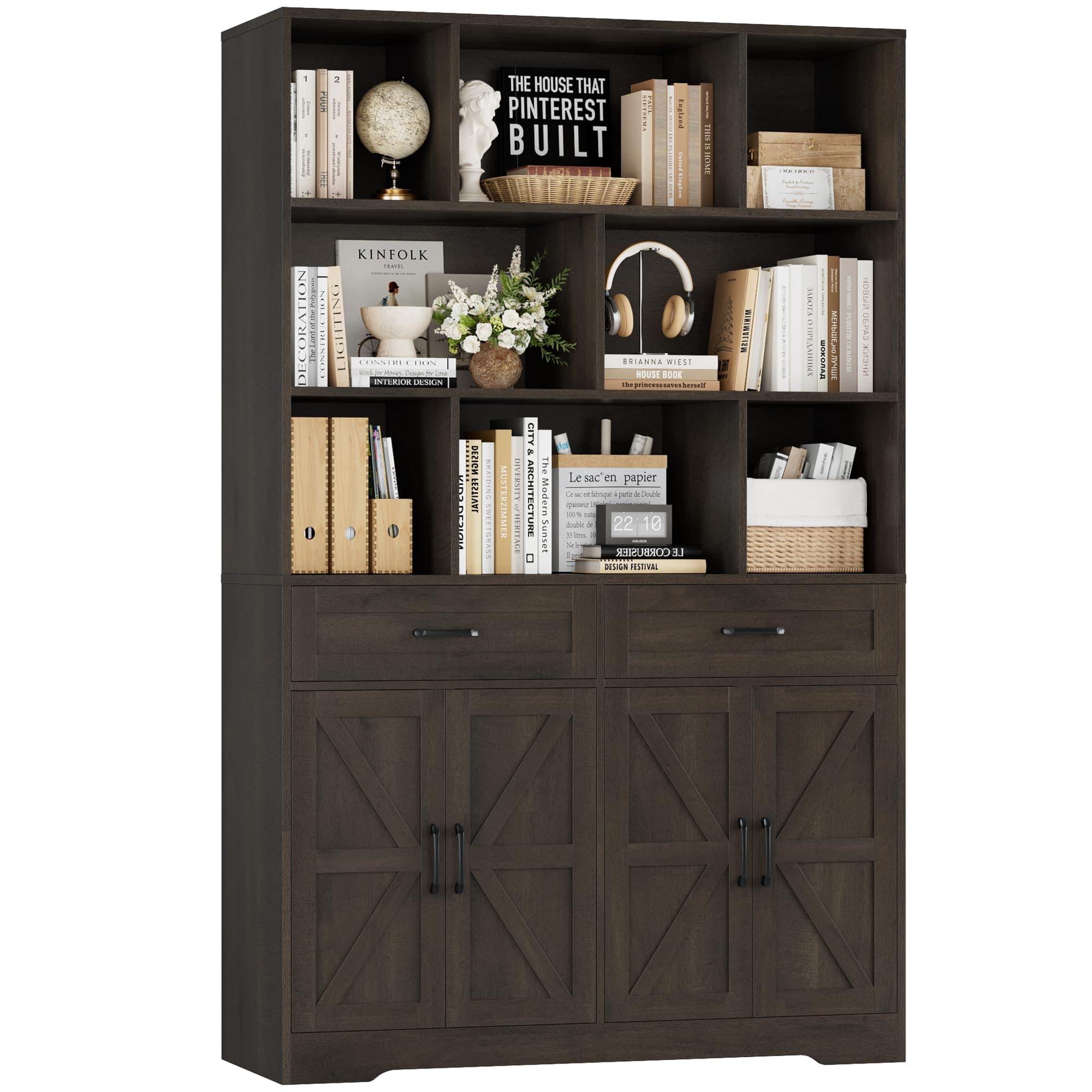 HOSTACK 71" Tall Dark Brown Bookcase with Drawer and Door