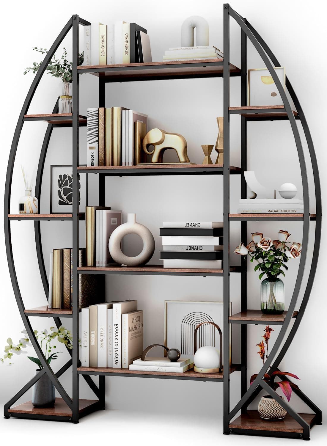 70" Tall Large Oval Bookshelf, 5 Tier Industrial Etagere Furniture
