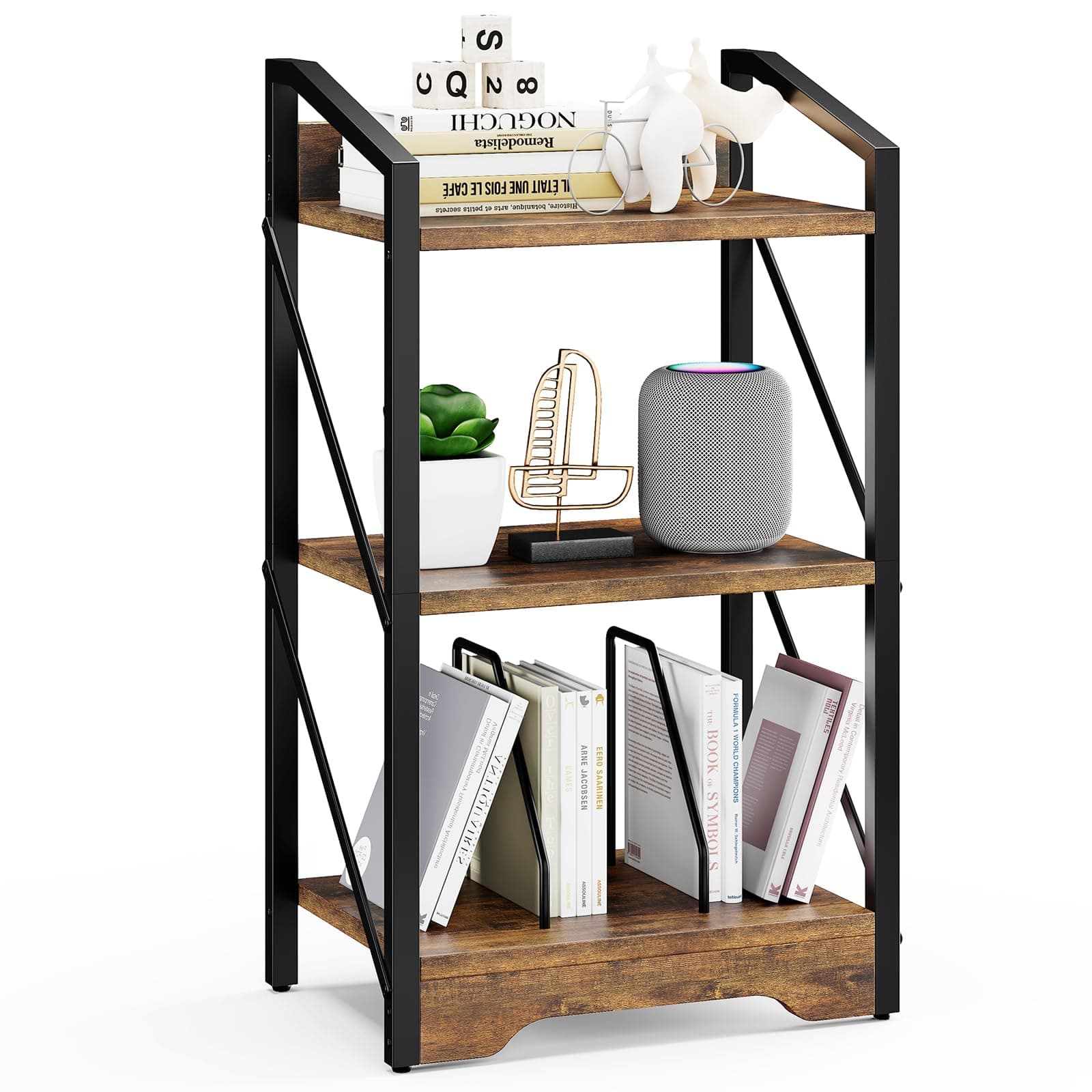 Vagusicc 3-Tier Industrial Metal Bookshelf, Brown, for Living Room and Home Office