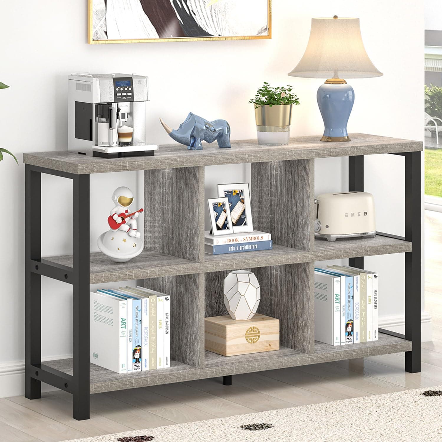 FOLUBAN Light Grey 47 Inch Wood & Metal Cube Storage Organizer