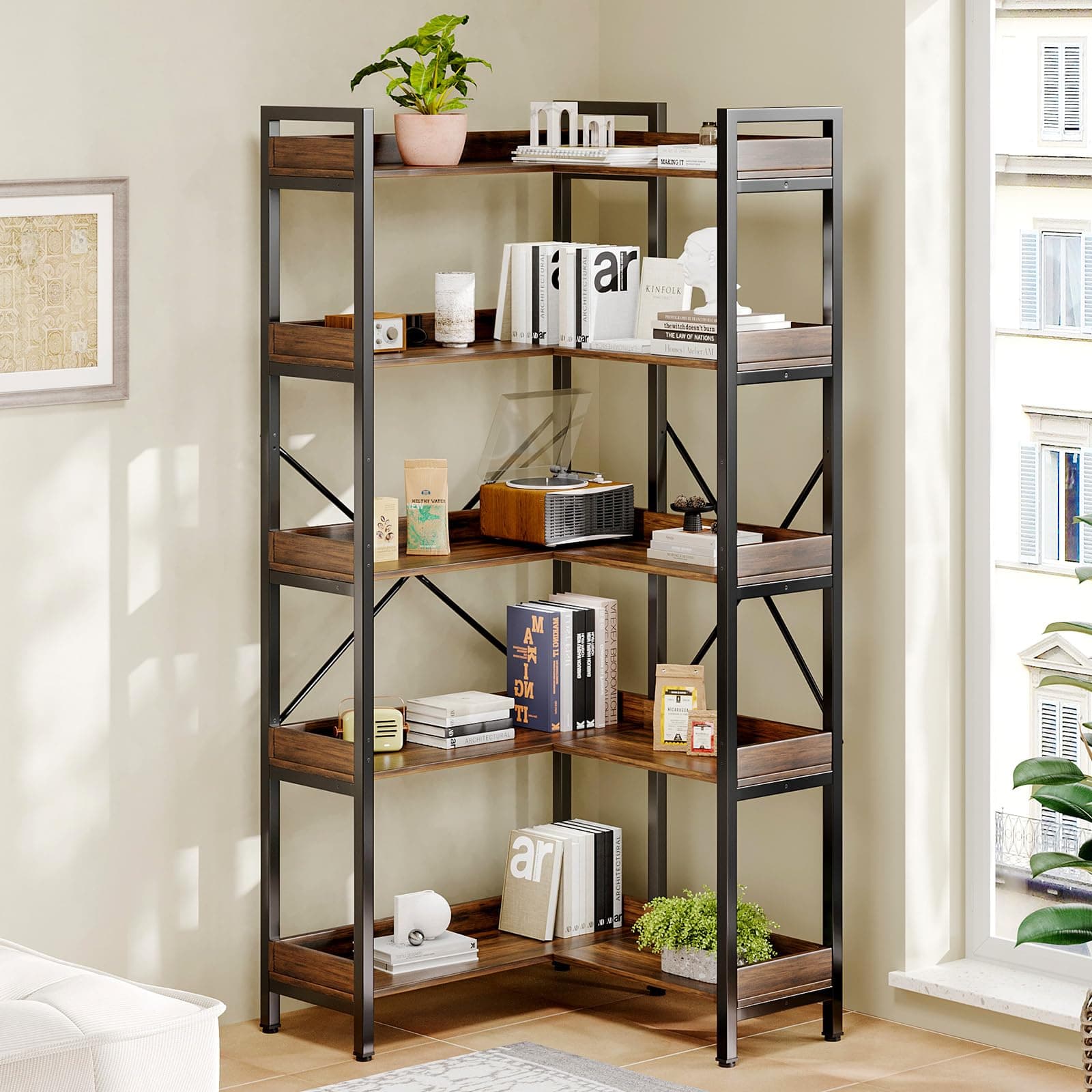 Modern 5-Tier Rustic Brown L-Shaped Bookshelf for Living Room/Office/Bedroom