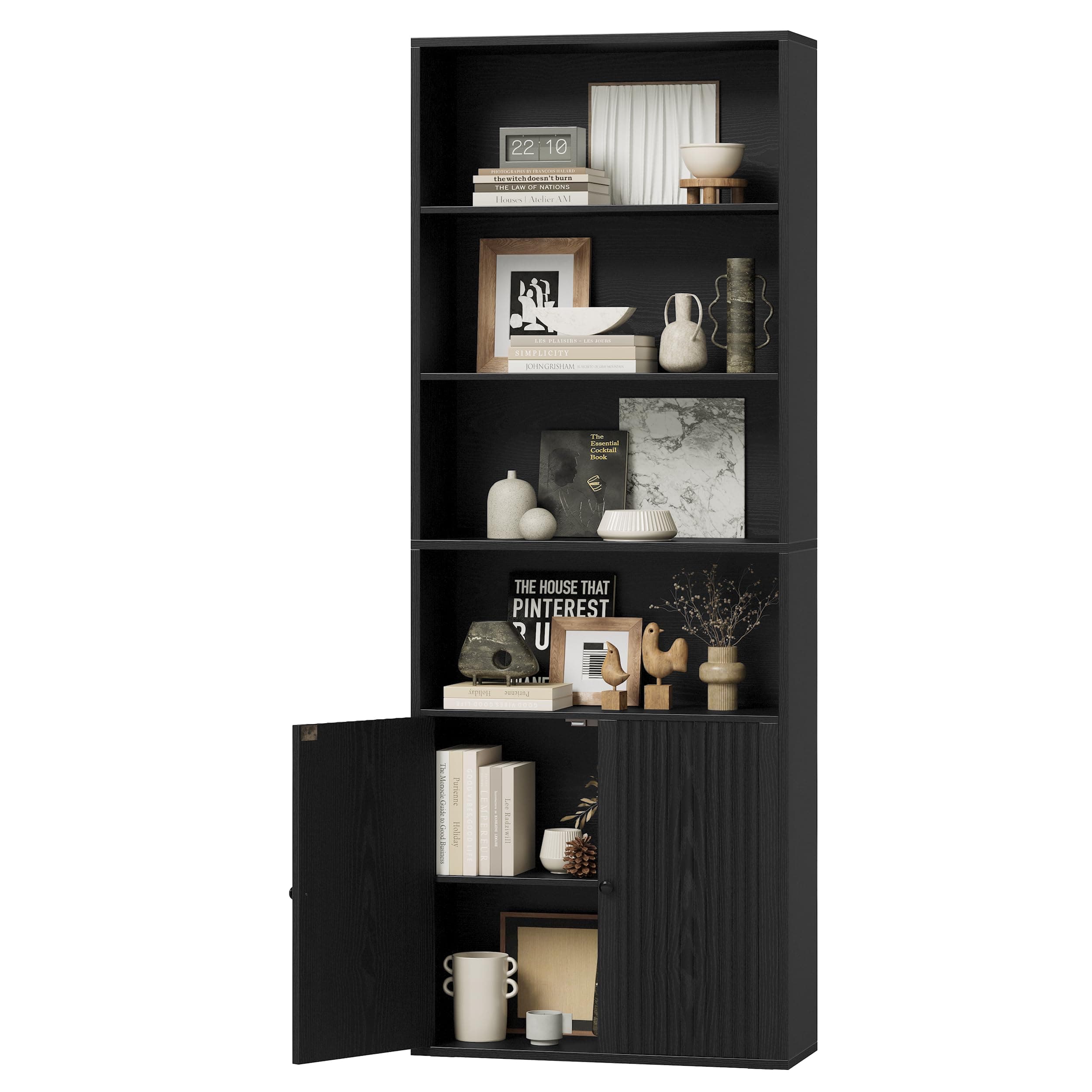 Ironck 6-Tier Tall Black Bookshelf with Doors and Storage for Home Office and Living Room