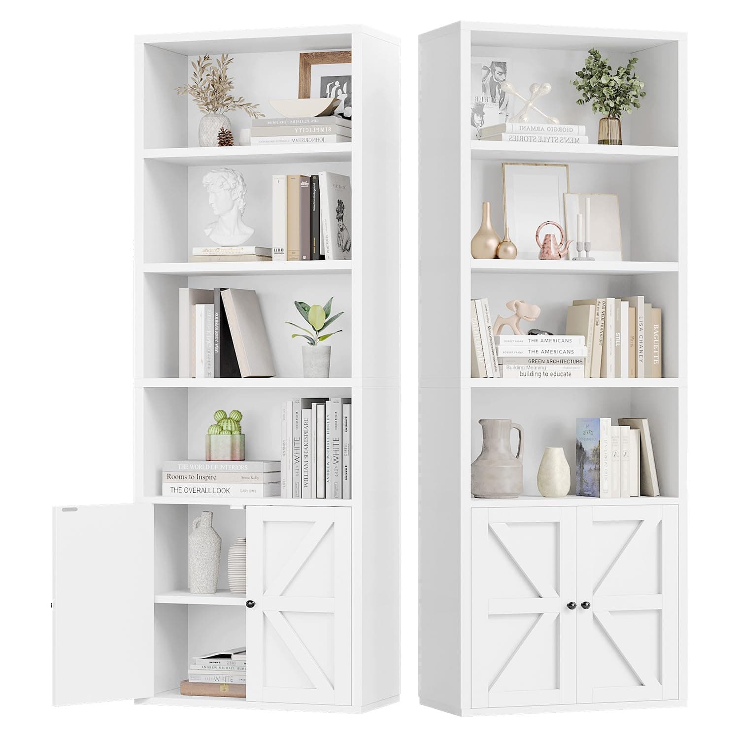 OneInMil 6-Tier Industrial Double Wide Bookshelf with Doors & Storage Cabinets 71" Tall