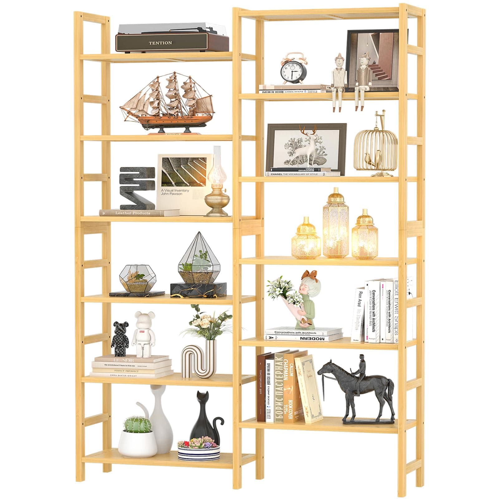 Homykic 6-Tier Double Wide Bamboo Bookshelf, 6ft Tall for Home Office, Bedroom, Living Room, and Plants