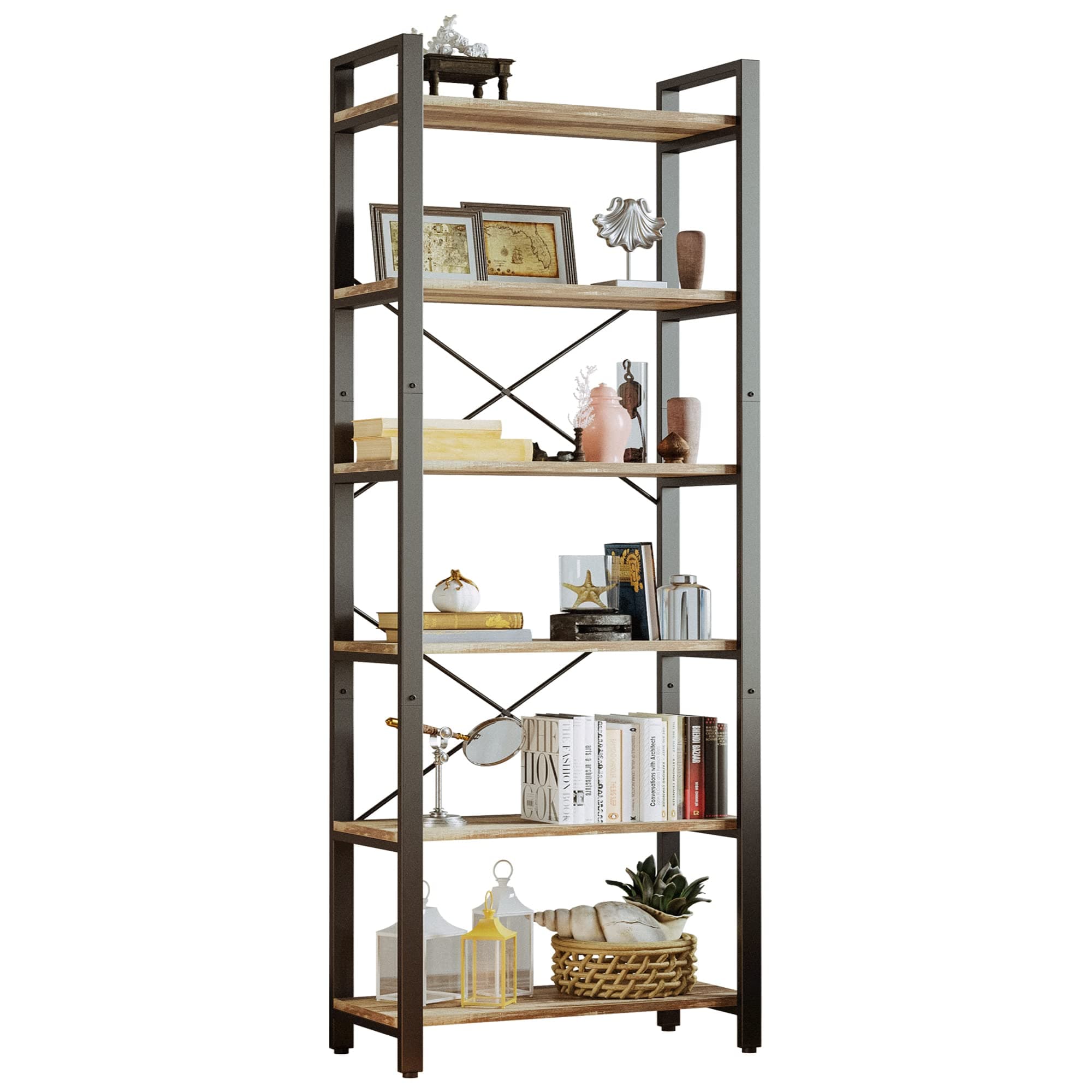 IRONCK 6-Tier Vintage Industrial Style Bookshelf for Home Office Living Room
