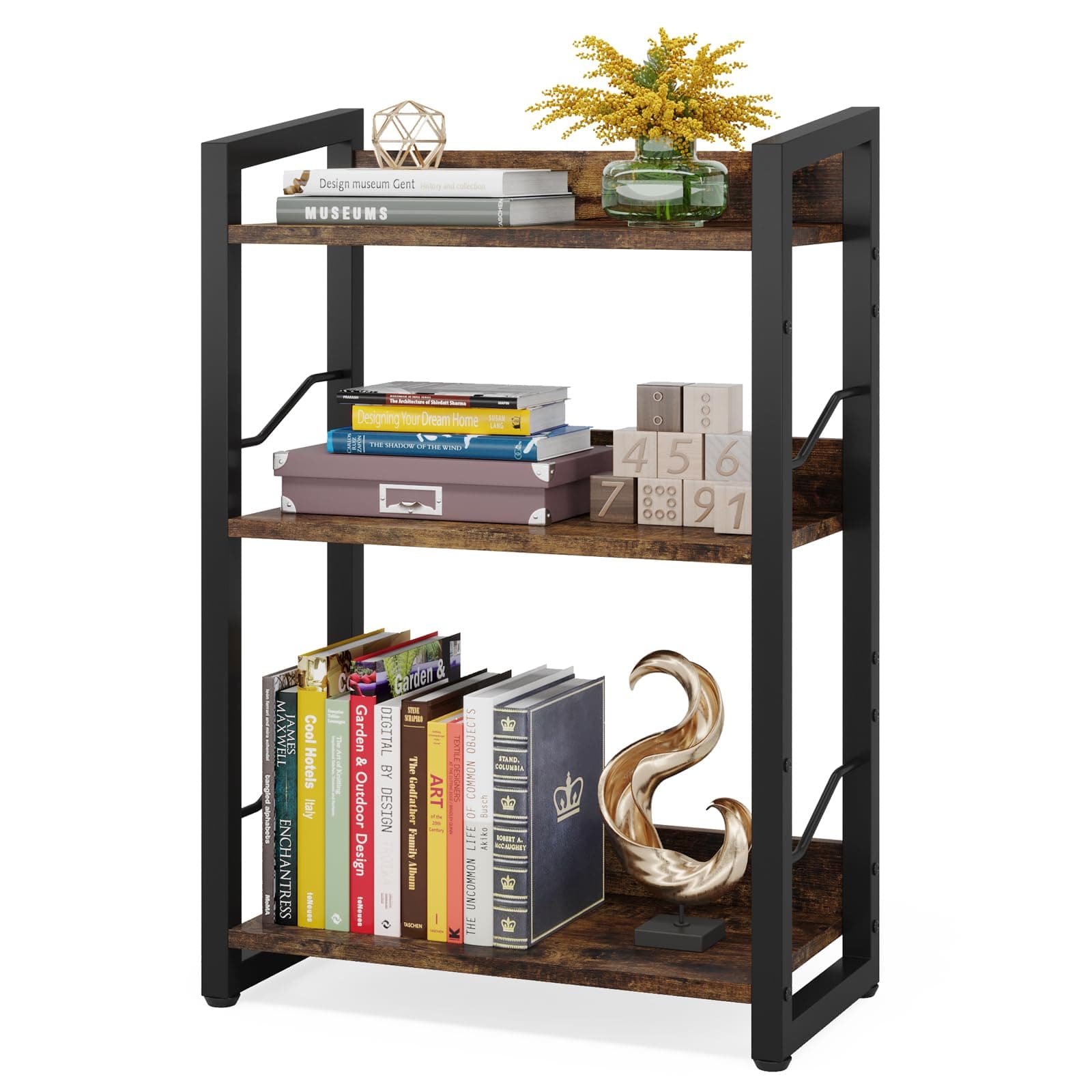 Rustic Brown 3-Tier Industrial Bookshelf for Home Office and Bedroom