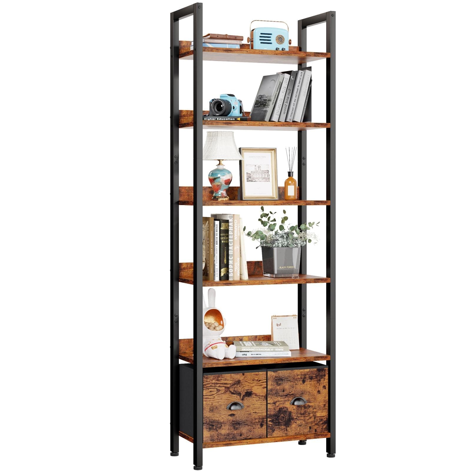 Furologee 6-Tier Rustic Brown Bookshelf with Drawers for Home Office