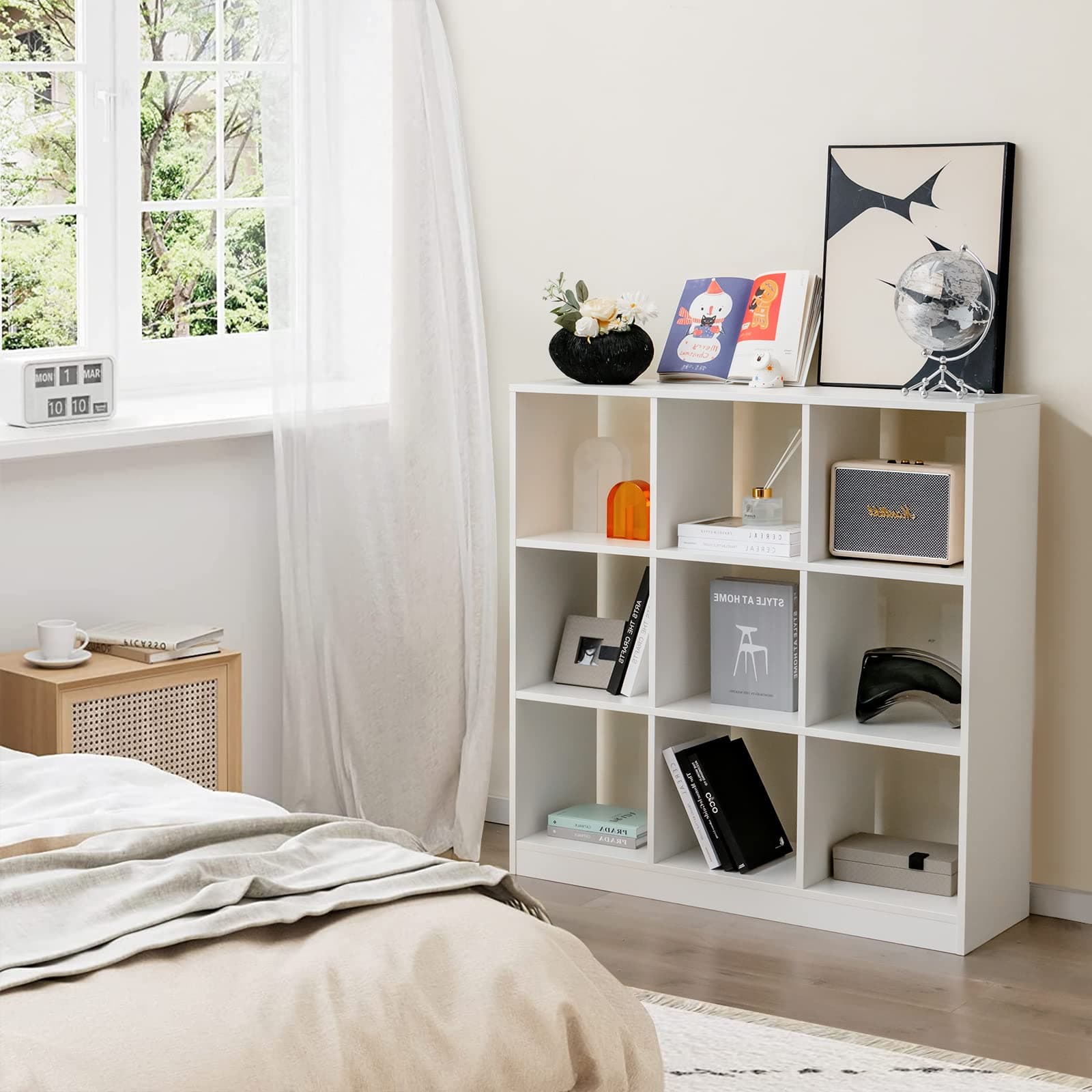 Giantex 9-Cube White Open Bookshelf, 4-Tiers Anti-Tipping, Modern Storage Organizer