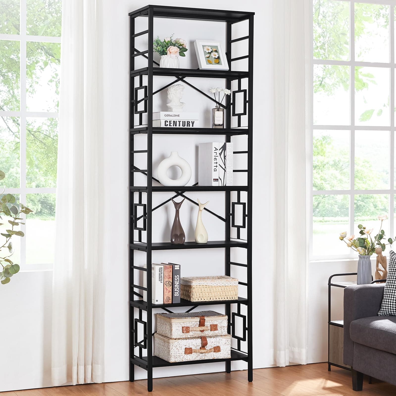HOMISSUE 84 Inch Industrial Metal Tall Bookshelf, 7 Tier Black Rustic Shelf for Office and Living Room