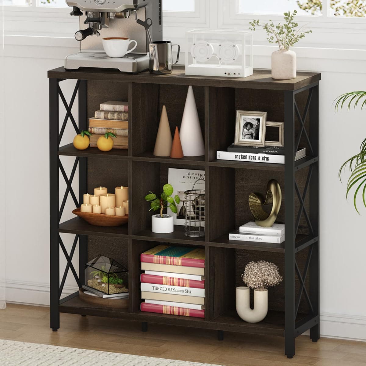 FATORRI 9 Cube Storage Bookshelf, Walnut Brown, Modern 4-Shelf Home Office